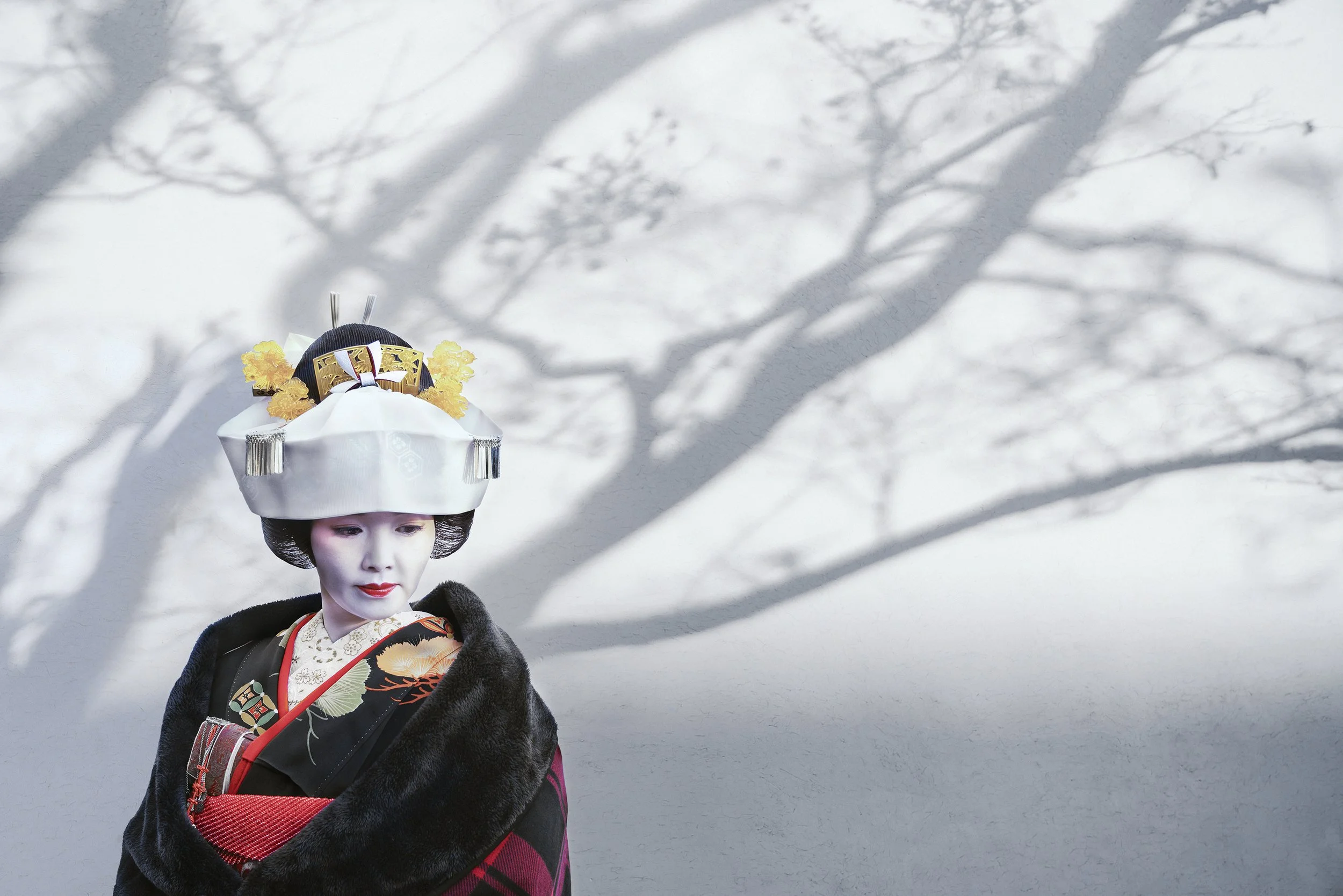 A traditional Japanese geisha wearing a black kimono with a red obi, and a decorative headpiece, standing outdoors on a snowy day with leafless trees casting shadows in the background.