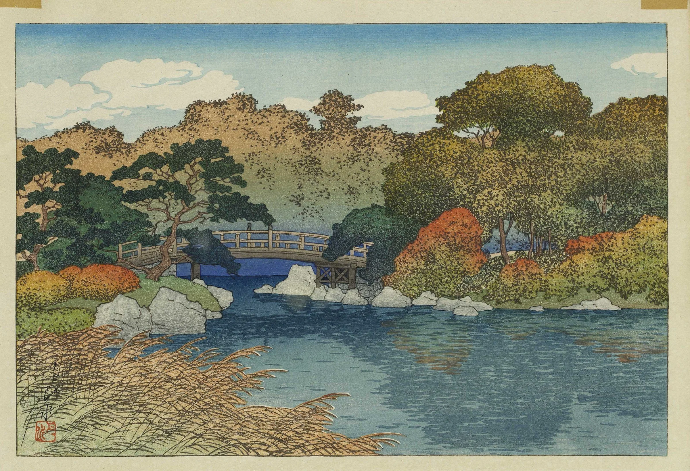 Woodblock print of the autumn pond garden at Kiyosumi, Tokyo, by Kawase Hasui