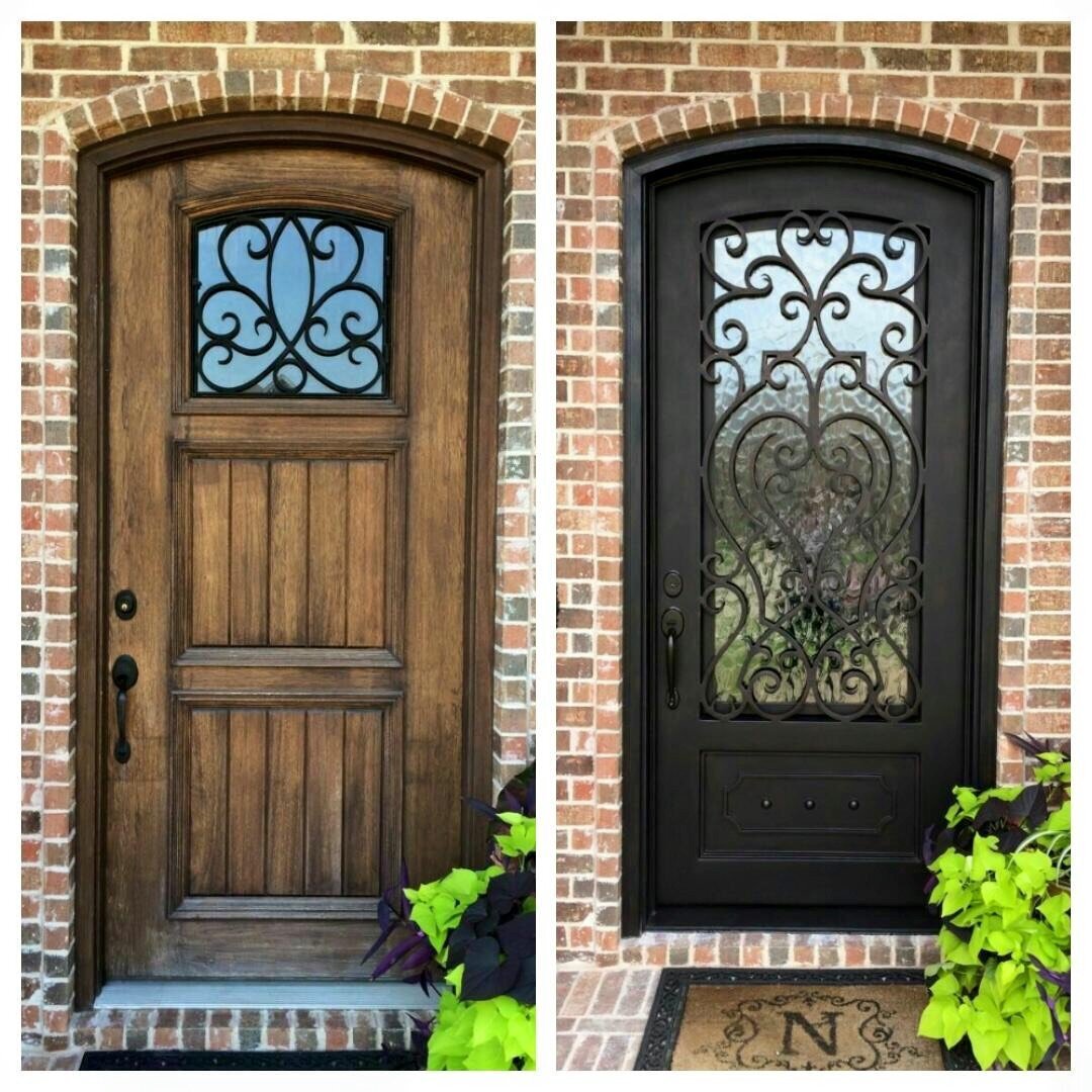 Comparison of two front doors with brick surrounds: on the left, a wooden door with a small decorative window and scroll ironwork, and on the right, a black door with intricate scroll ironwork and a glass panel.