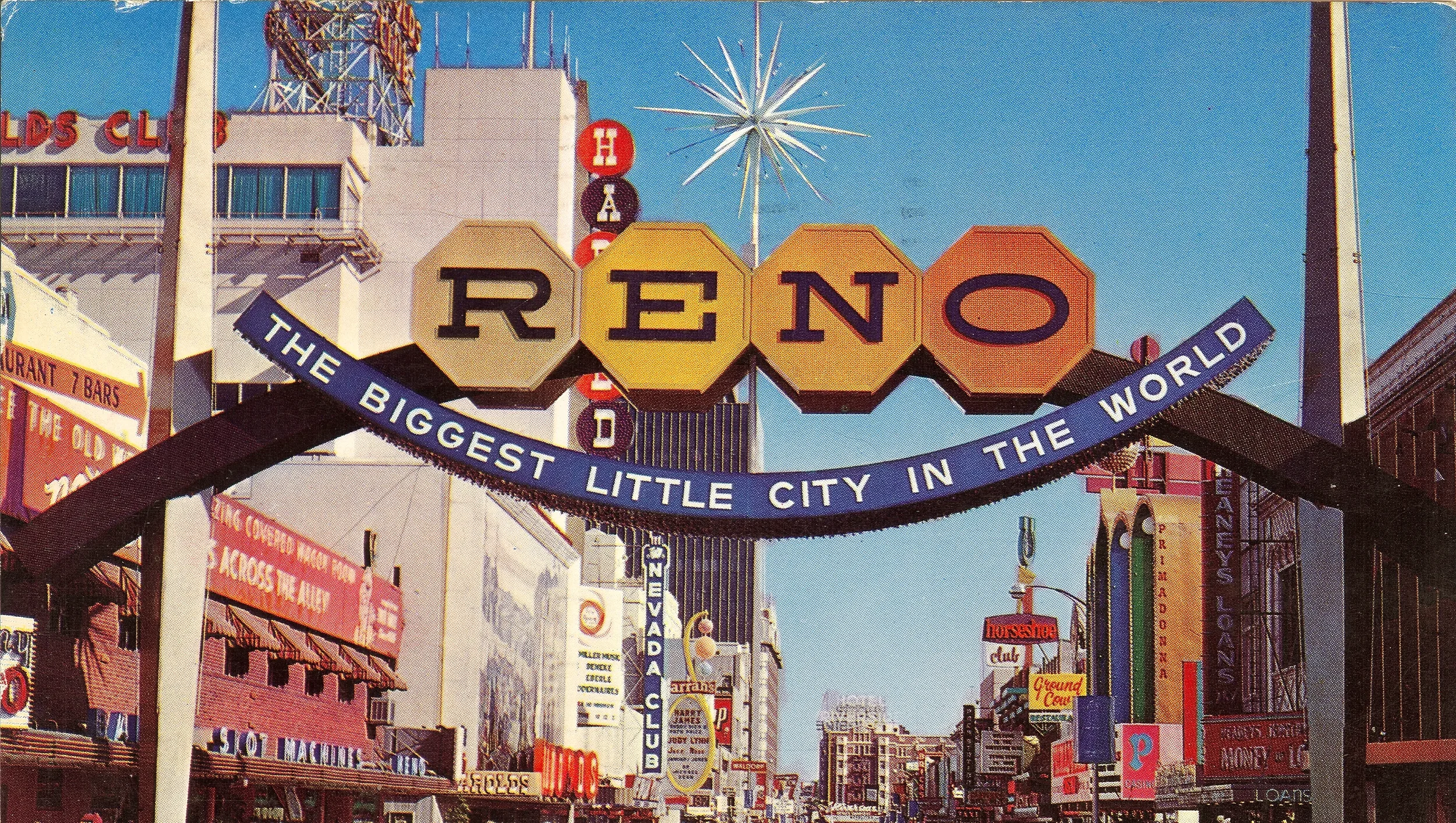 Vintage Reno arch:
Vintage postcard of the Reno arch sign reading The Biggest Little City in the World — WhereRenoEats Reno Tahoe dining guide