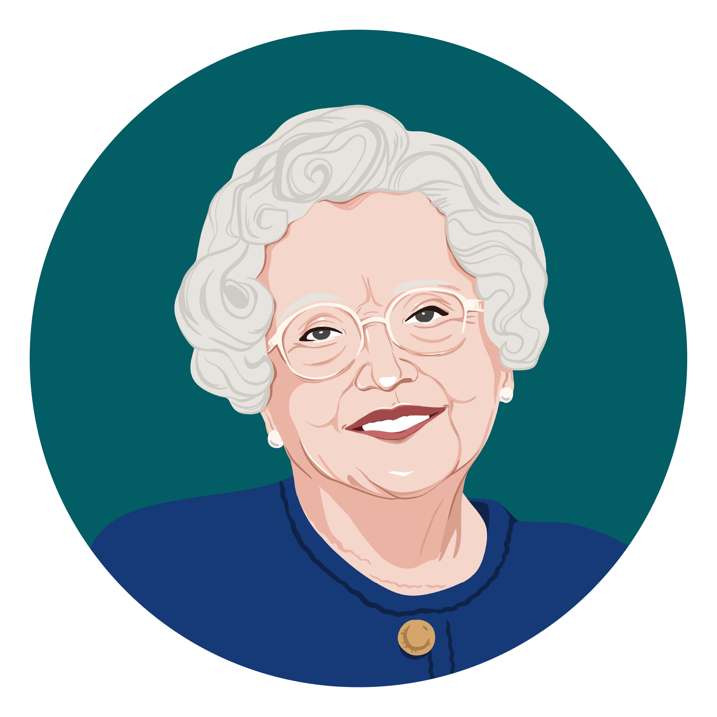 Illustration of an elderly woman with white curly hair, glasses, and a navy blue top, set against a dark teal circular background.