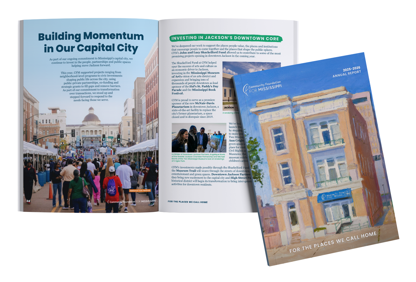 Open booklet with images and text about community projects and events, featuring photos of people at gatherings, awards, and outdoor activities.