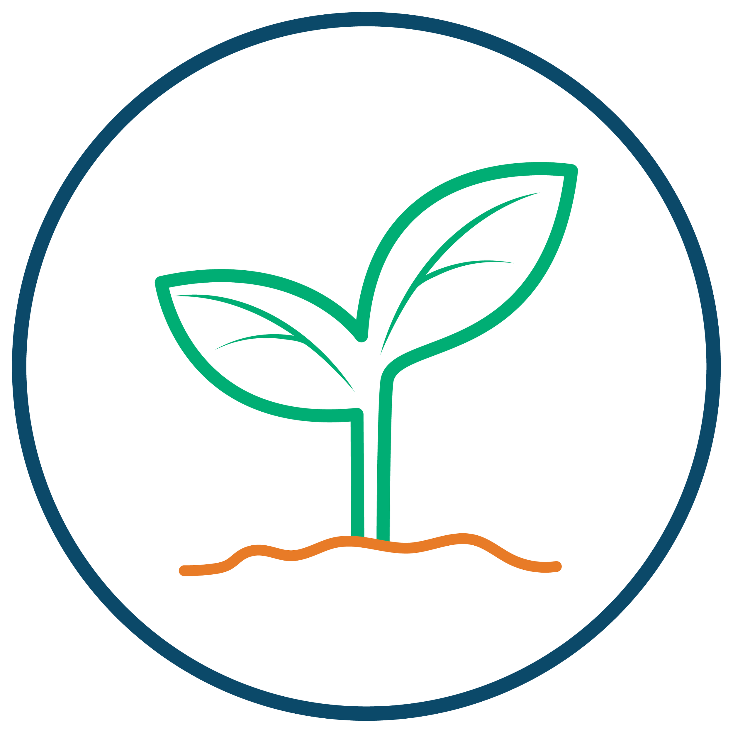 A logo featuring a stylized green plant with two leaves inside a circular border with a blue outline.