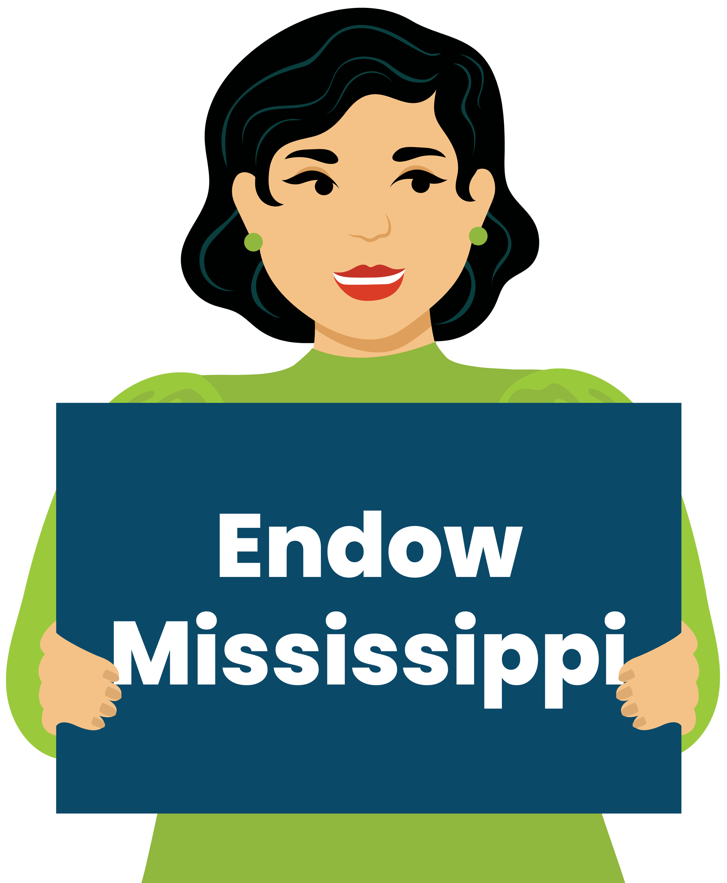 A person holding a sign with the text 'Endow Mississipi' partially visible, wearing a green top and green earrings.