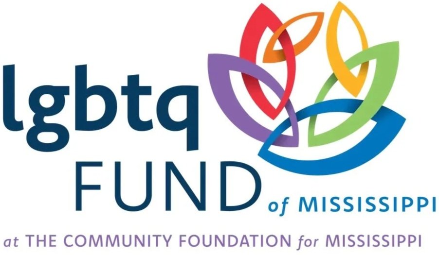 LGBTQ fund logo with multicolored intertwined ribbons and text indicating the LGBTQ fund of Mississippi at the Community Foundation for Mississippi.