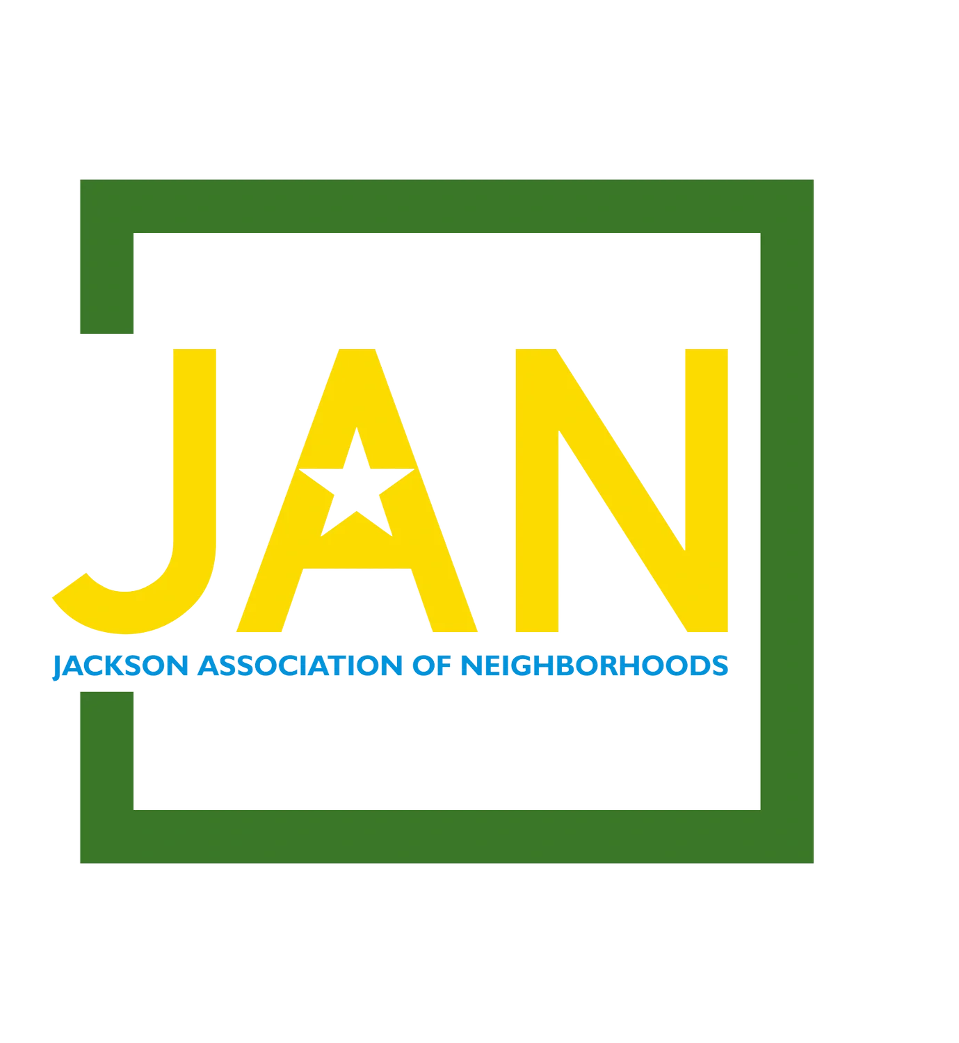 A graphic logo for the Jackson Association of Neighborhoods featuring the word 'JAN' in large yellow letters with a star inside the letter 'A' and the full name written in smaller blue text below.