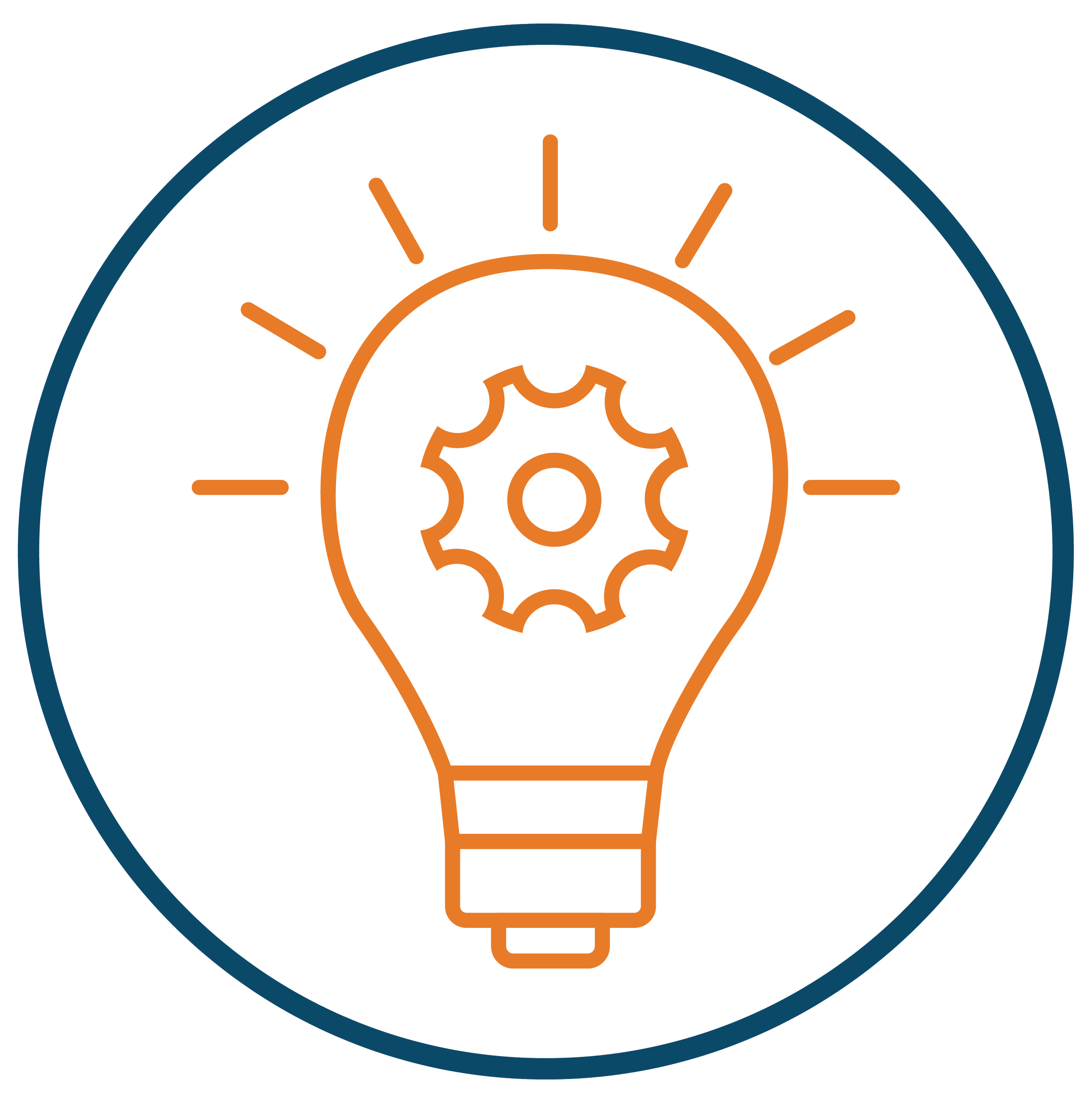 Illustration of a light bulb with a gear inside, surrounded by extending lines, symbolizing ideas and innovation
