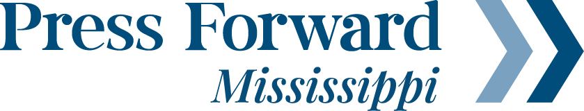 Press Forward Mississippi logo with blue text and arrows.