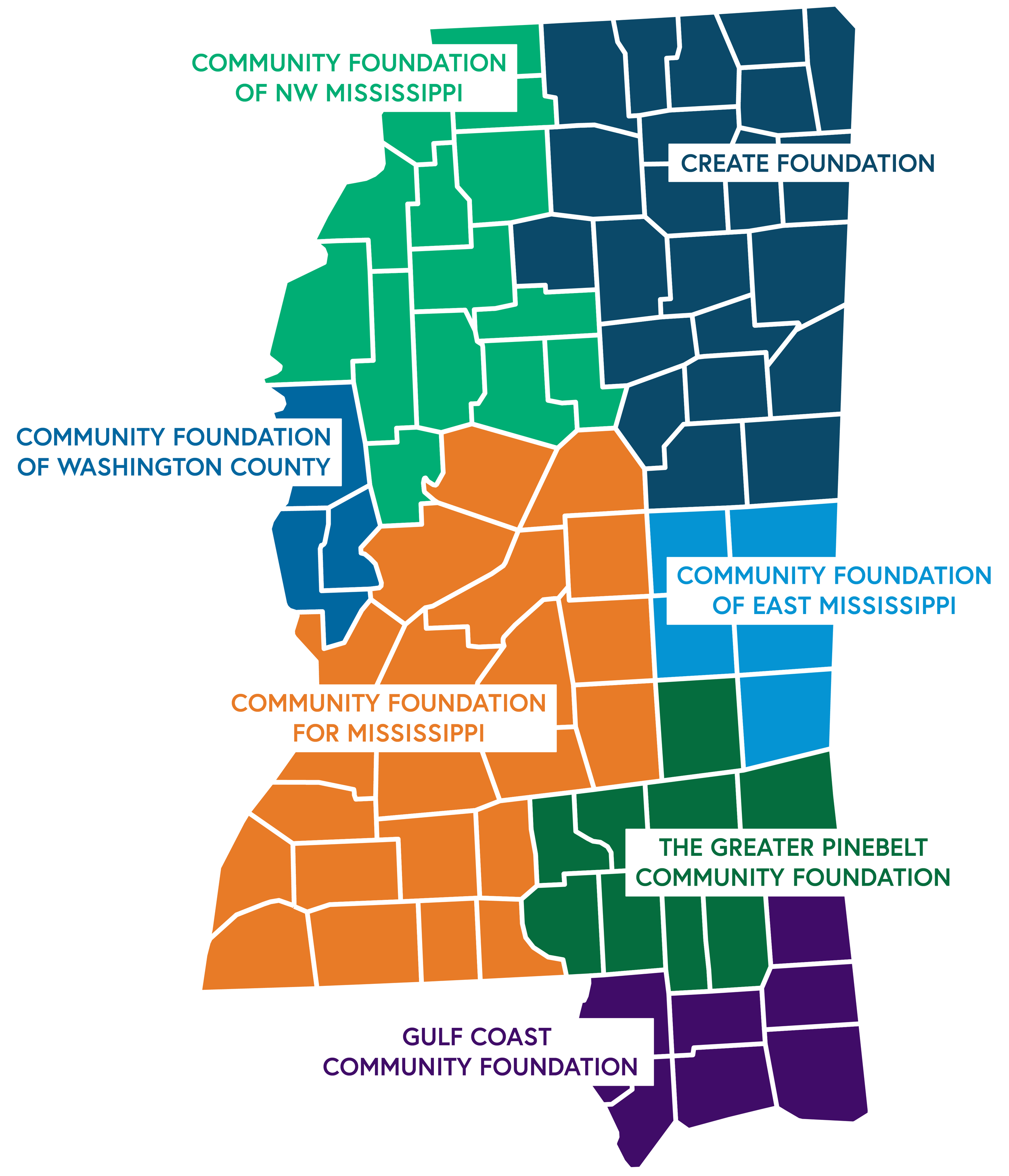 Color-coded map of Mississippi showing different community foundations in various regions, including the Community Foundation of NW Mississippi, Create Foundation, Community Foundation of Washington County, Community Foundation for Mississippi, The Greater Pinebelt Community Foundation, and Gulf Coast Community Foundation.