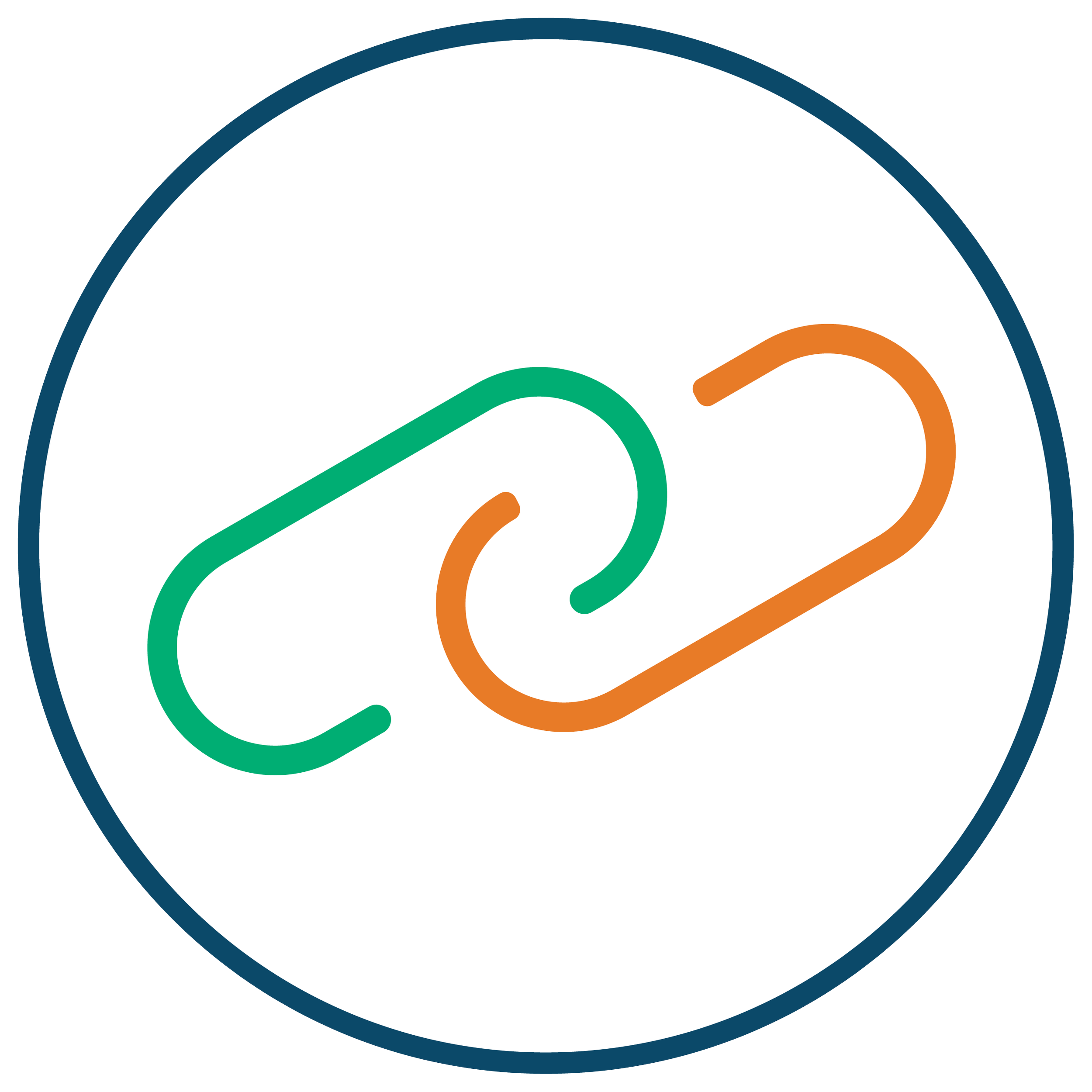 Colorful abstract logo design with curved lines in green, orange, and teal within a dark blue circular outline.