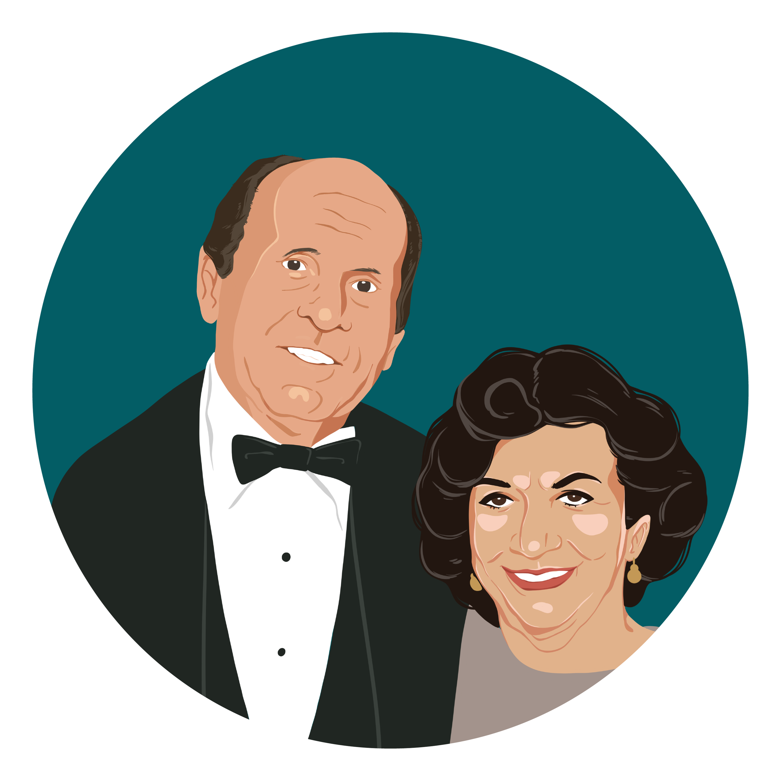 Illustration of a man in a tuxedo and bow tie smiling, with a woman with dark hair and earrings, both in a formal setting.