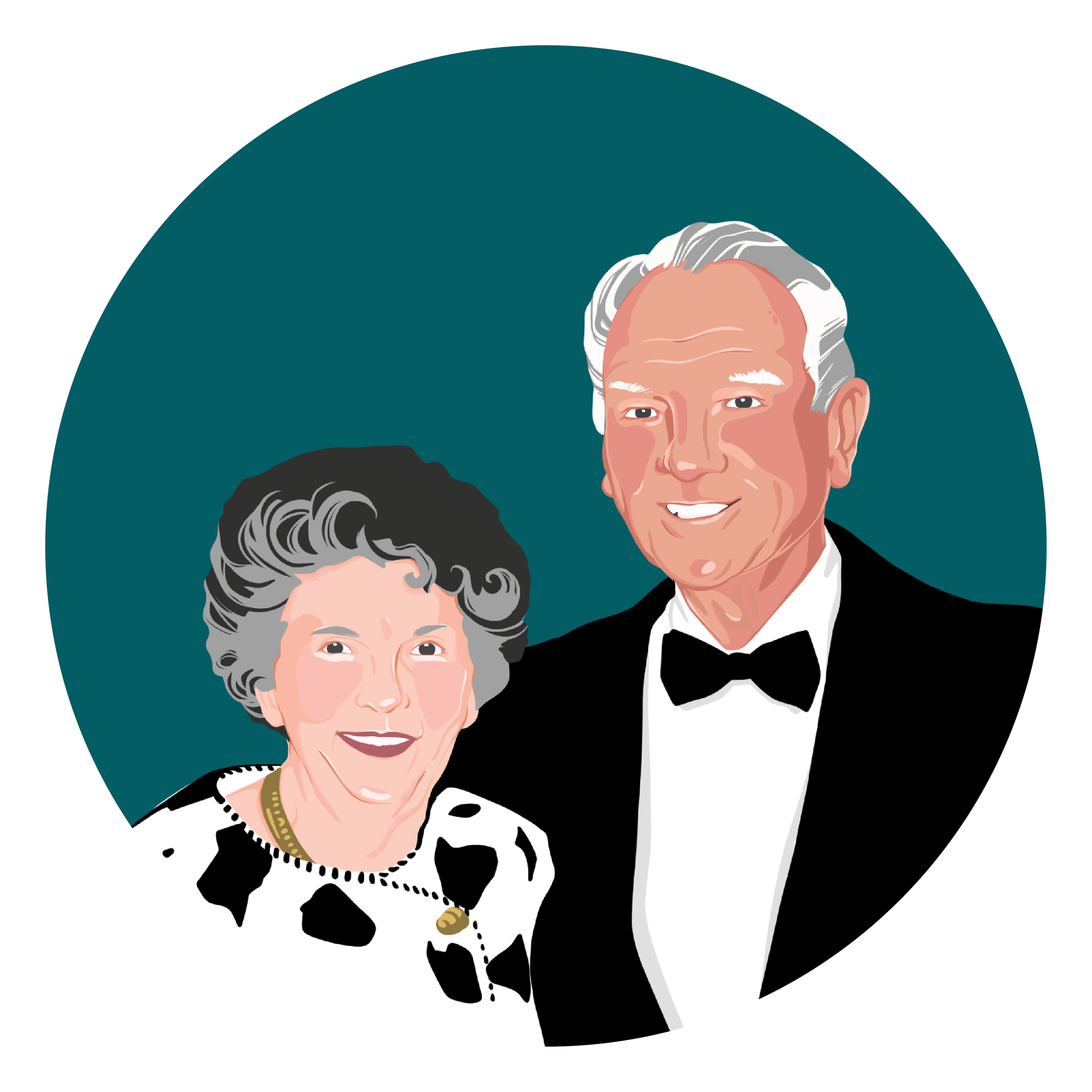 Illustration of a man in formal attire and an older woman, both smiling, on a dark teal circular background.