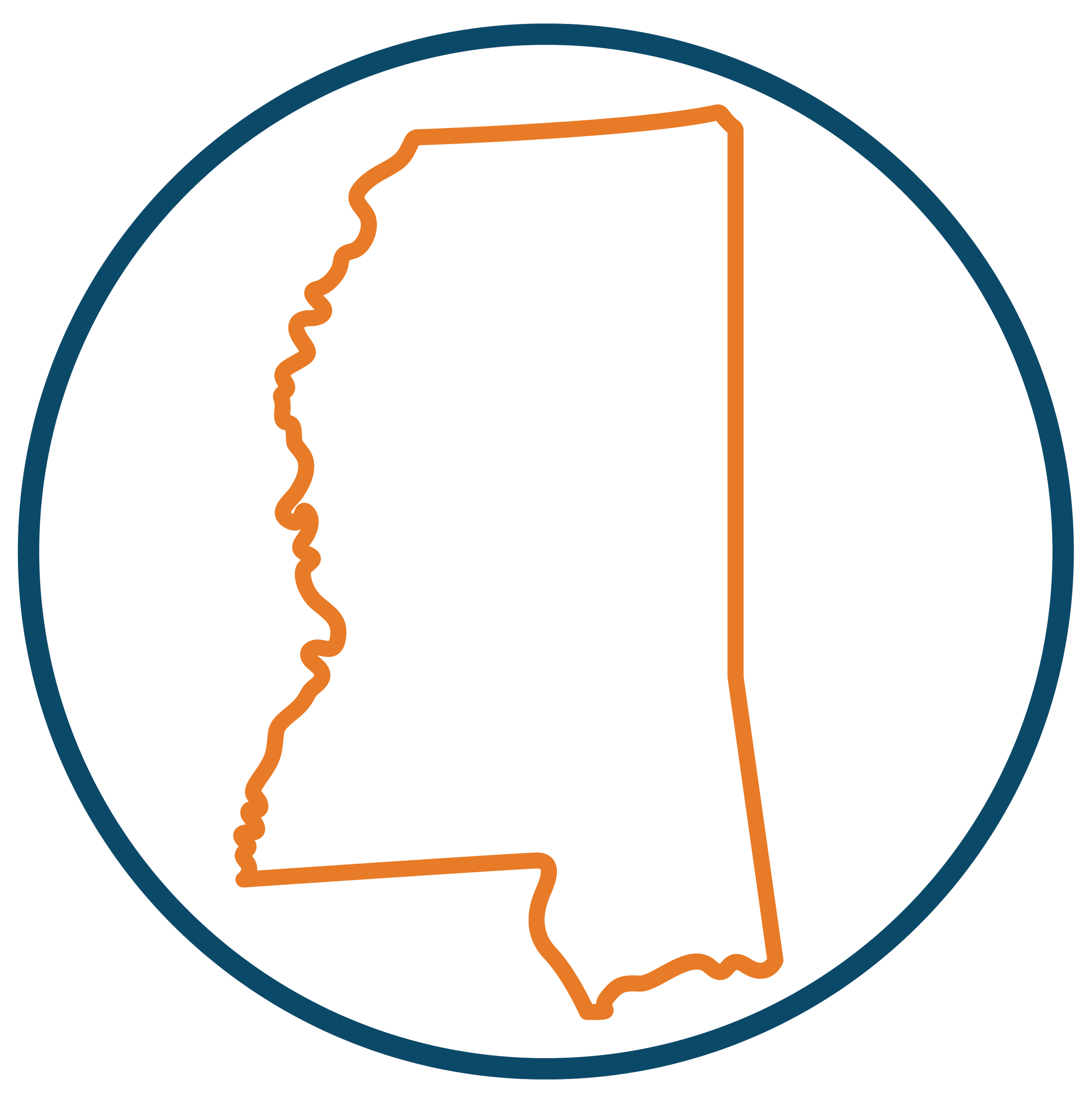 A minimalist outline of the state of Alaska in orange, placed within a blue circle. The circle has a white background.