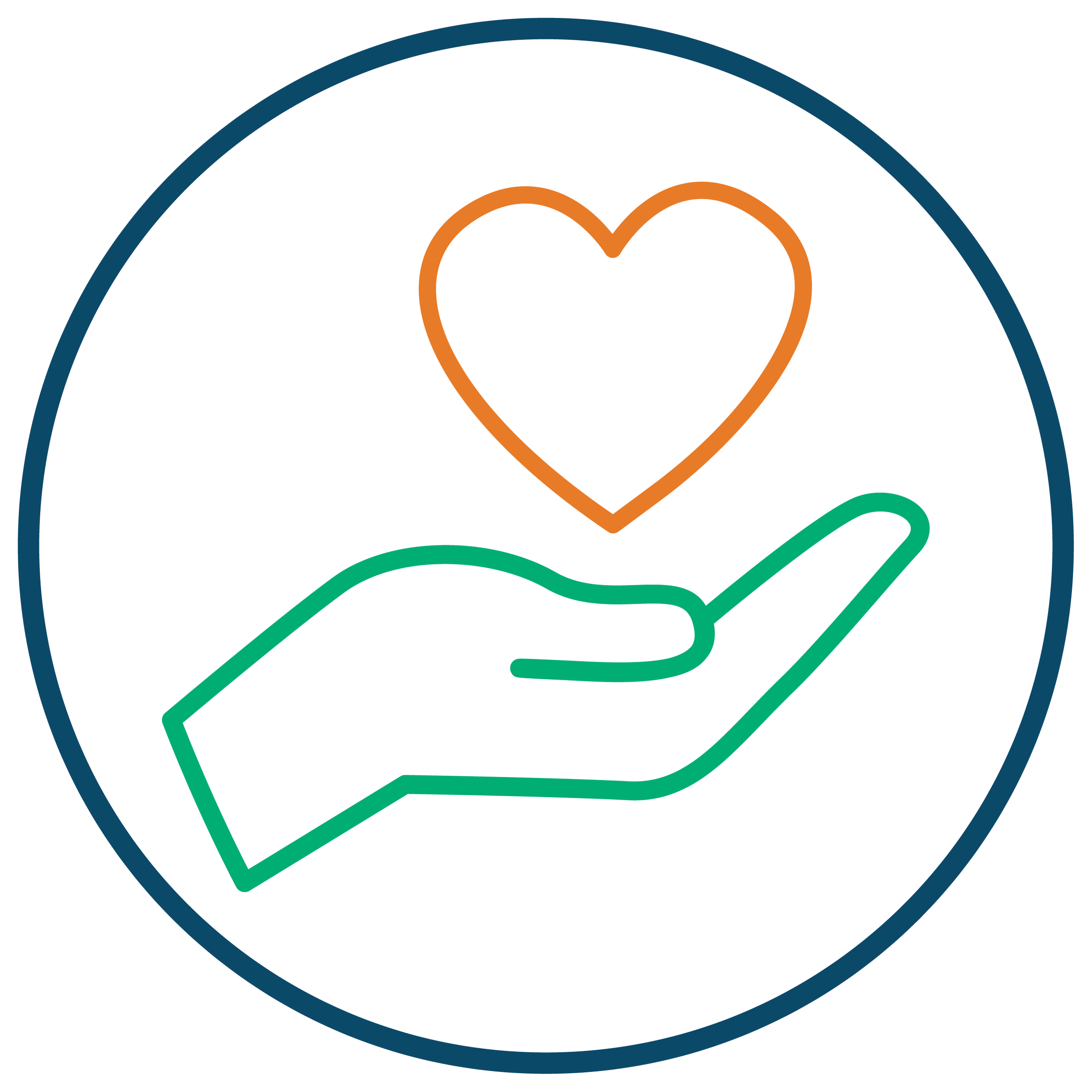 A circular graphic design featuring a blue outline, an orange heart shape at the top center, and green abstract lines below the heart.