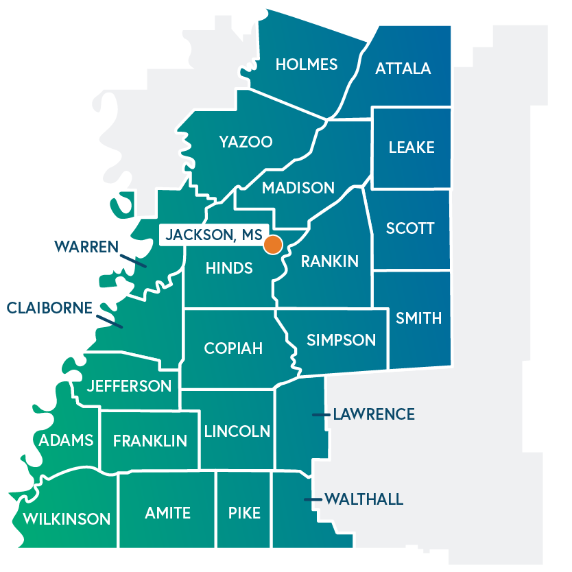 Map of counties in Mississippi, with county names labeled and county borders outlined, including Jackson County marked with an orange dot.