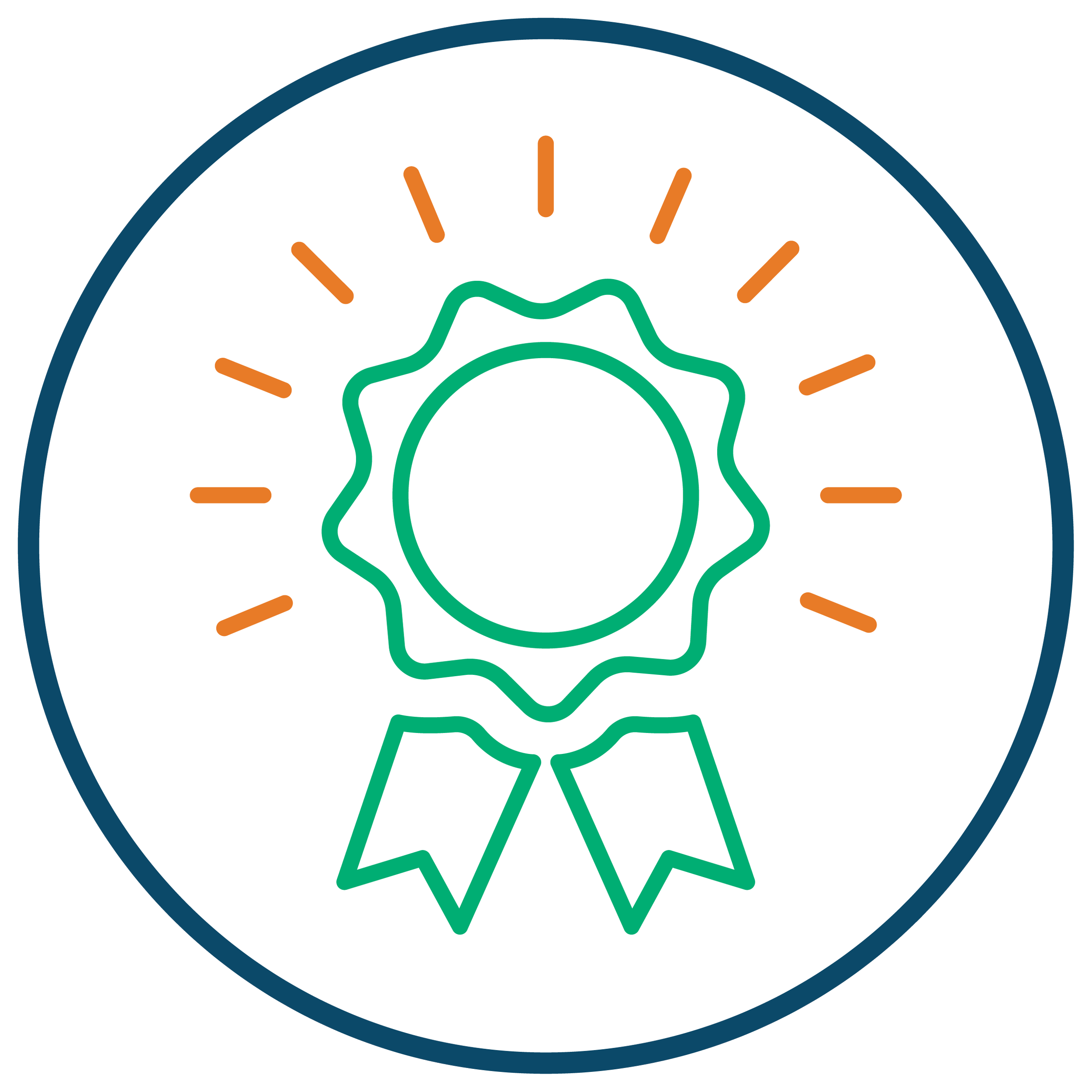 Abstract science-themed illustration featuring a circular arrangement of green and orange shapes with a large green circle and wave-like shapes in the center, set against a white background with a dark border.
