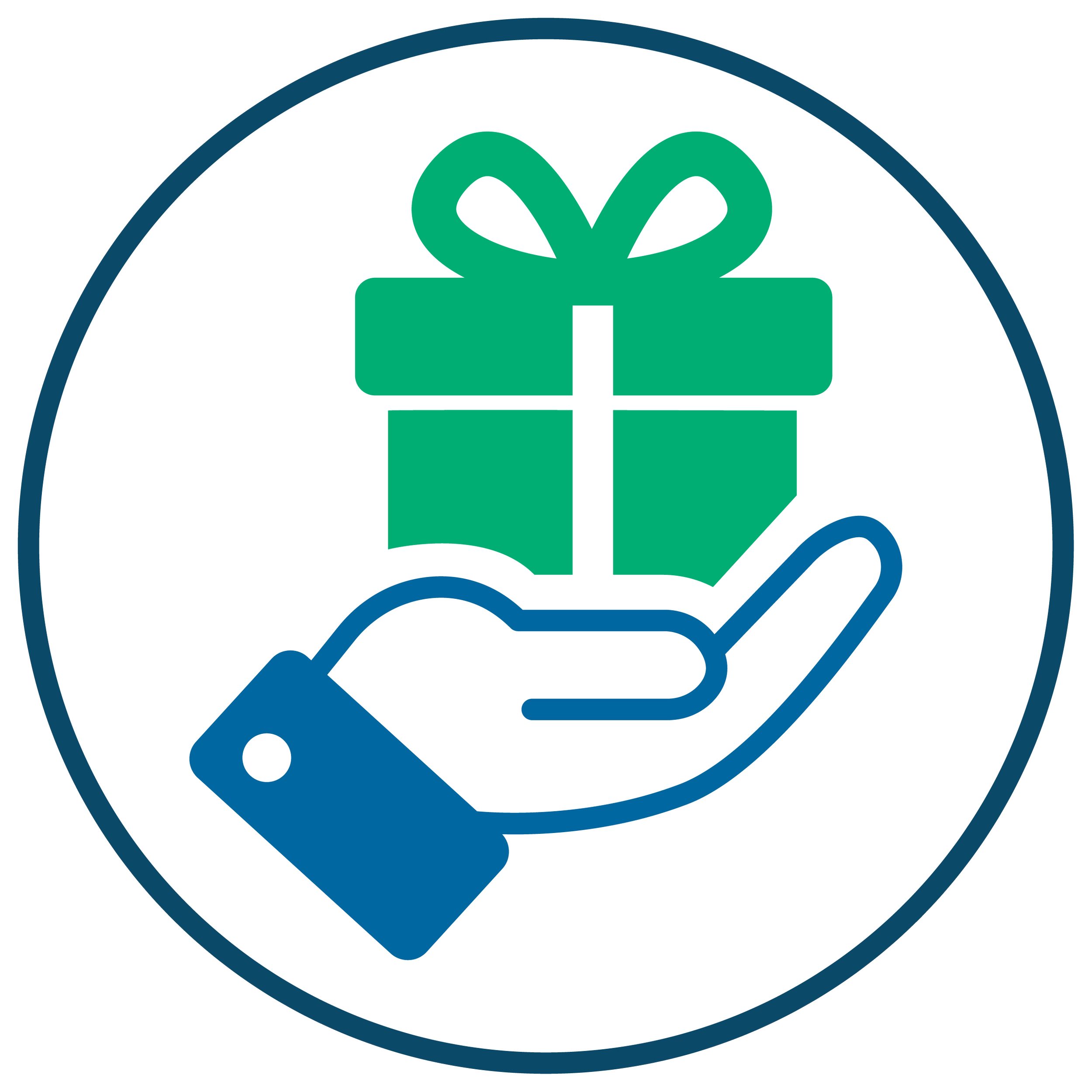 A circular logo featuring a blue book with a green gift box on top, combined with a black hand holding the book. The design includes a dark blue border and stylized elements representing education and giving.