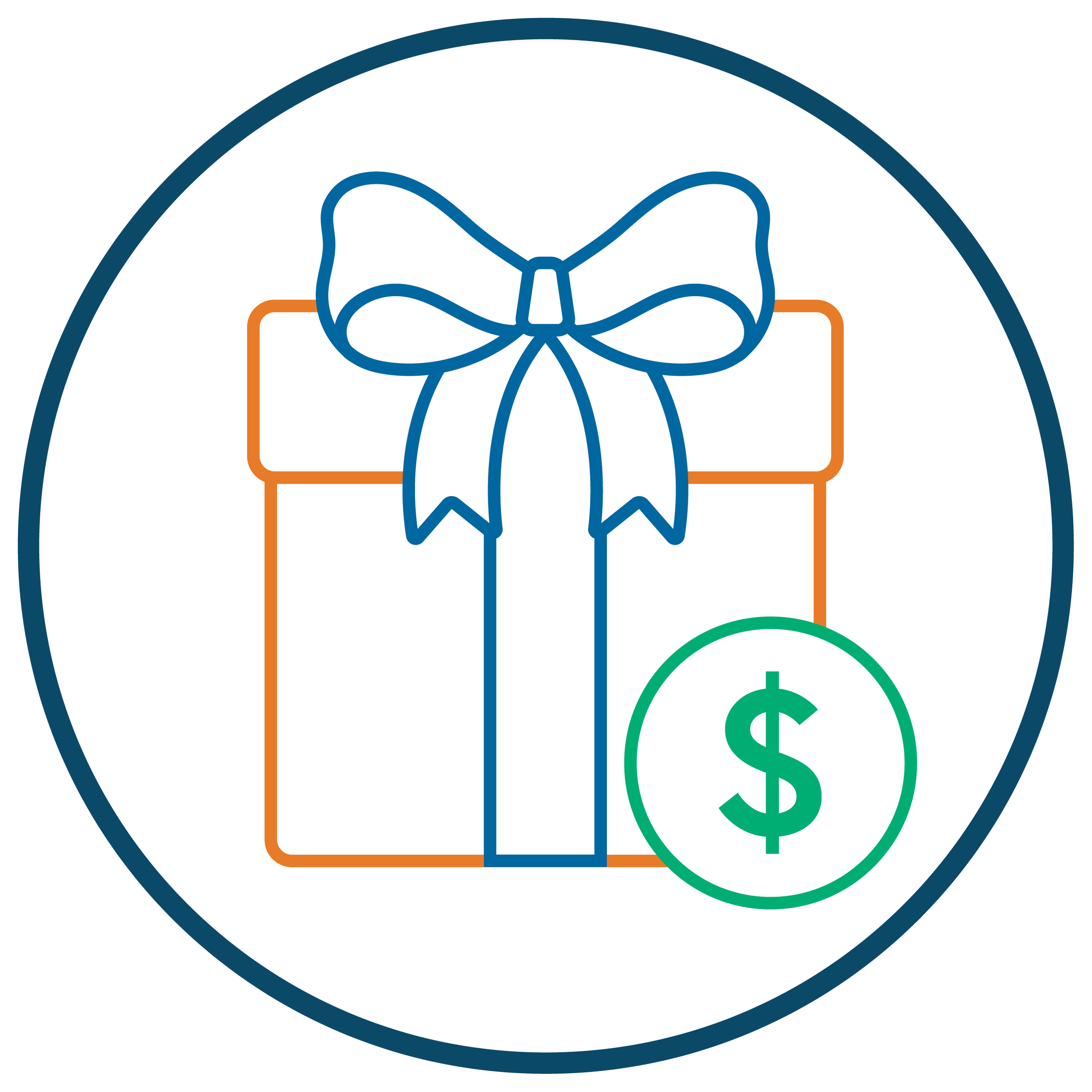 A stylized outline of a gift box with a ribbon and bow, enclosed in a circular design with a dollar sign.