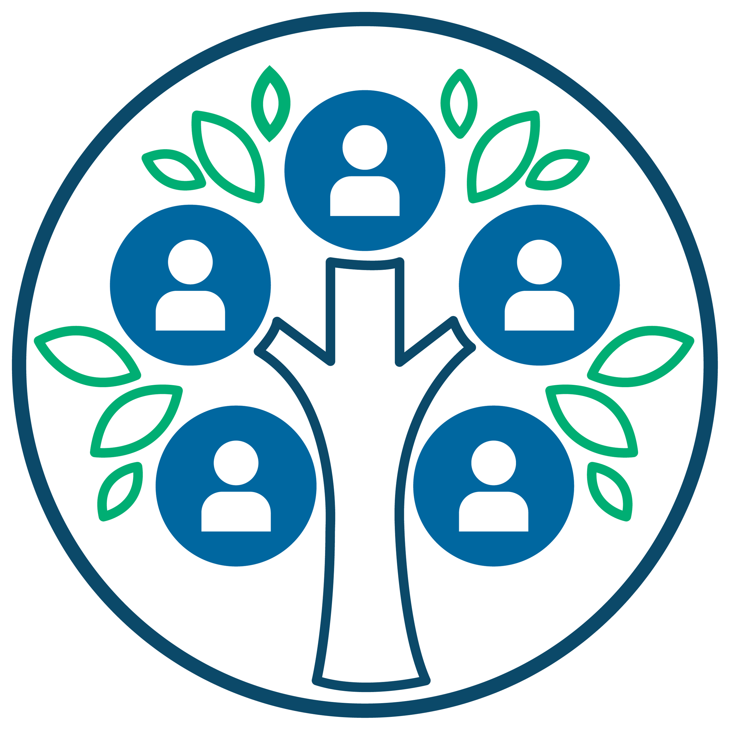 A graphic illustration featuring three blue person icons connected by arrows, surrounded by green leaves, with a central user icon at the top. The design signifies teamwork, growth, and collaboration.