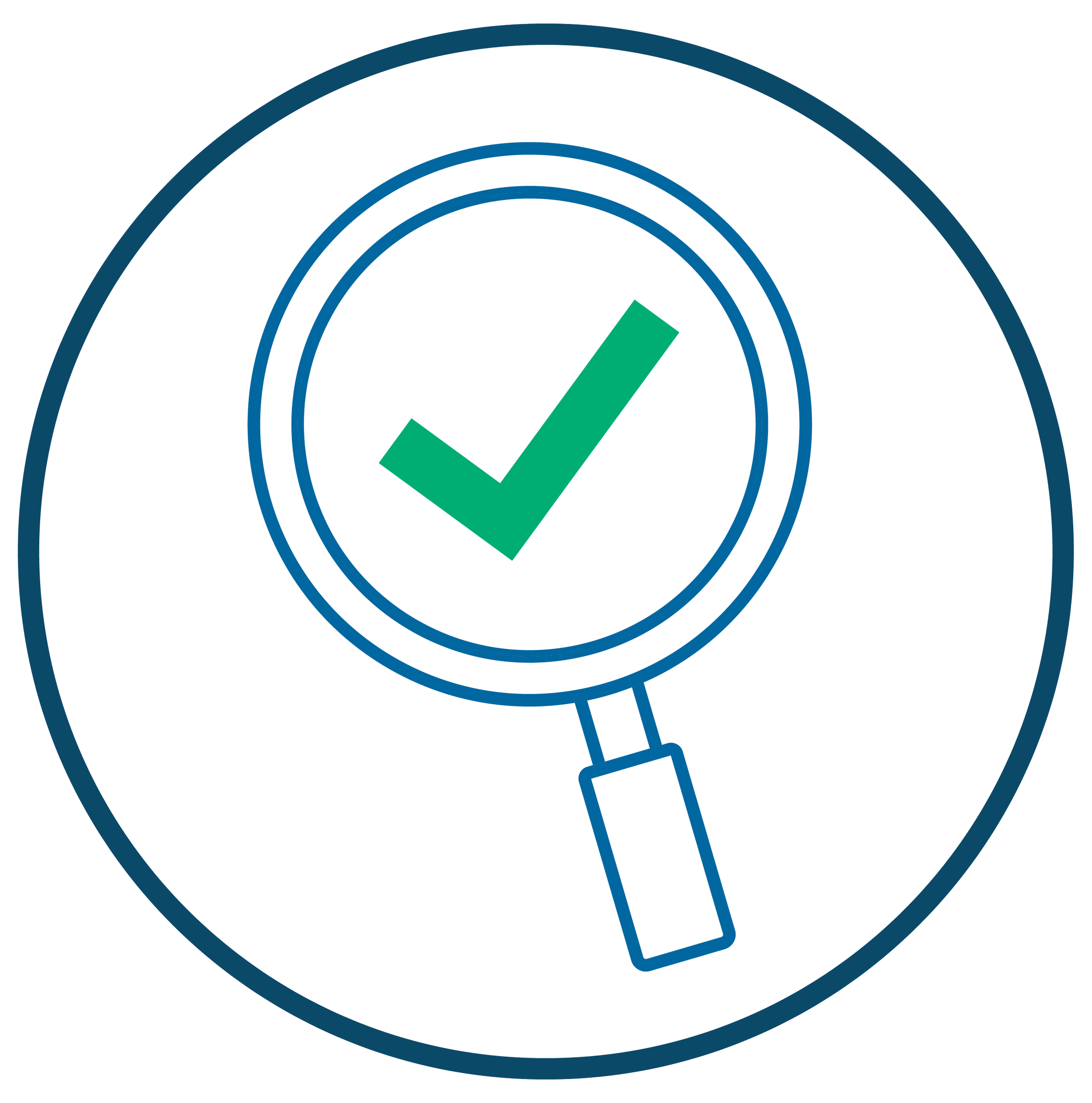 A close-up of a circular icon featuring a green check mark inside a blue circle, used to signify correctness or completion.