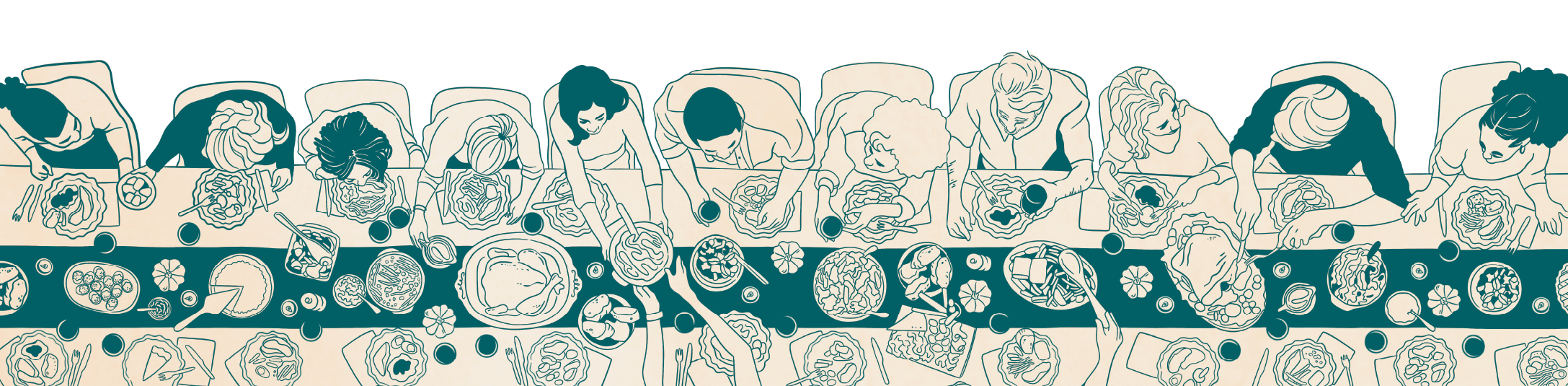 Illustration of a group of people sitting at a lengthy table, eating and enjoying a meal together. Community Foundation for Mississippi Friendsgiving event.