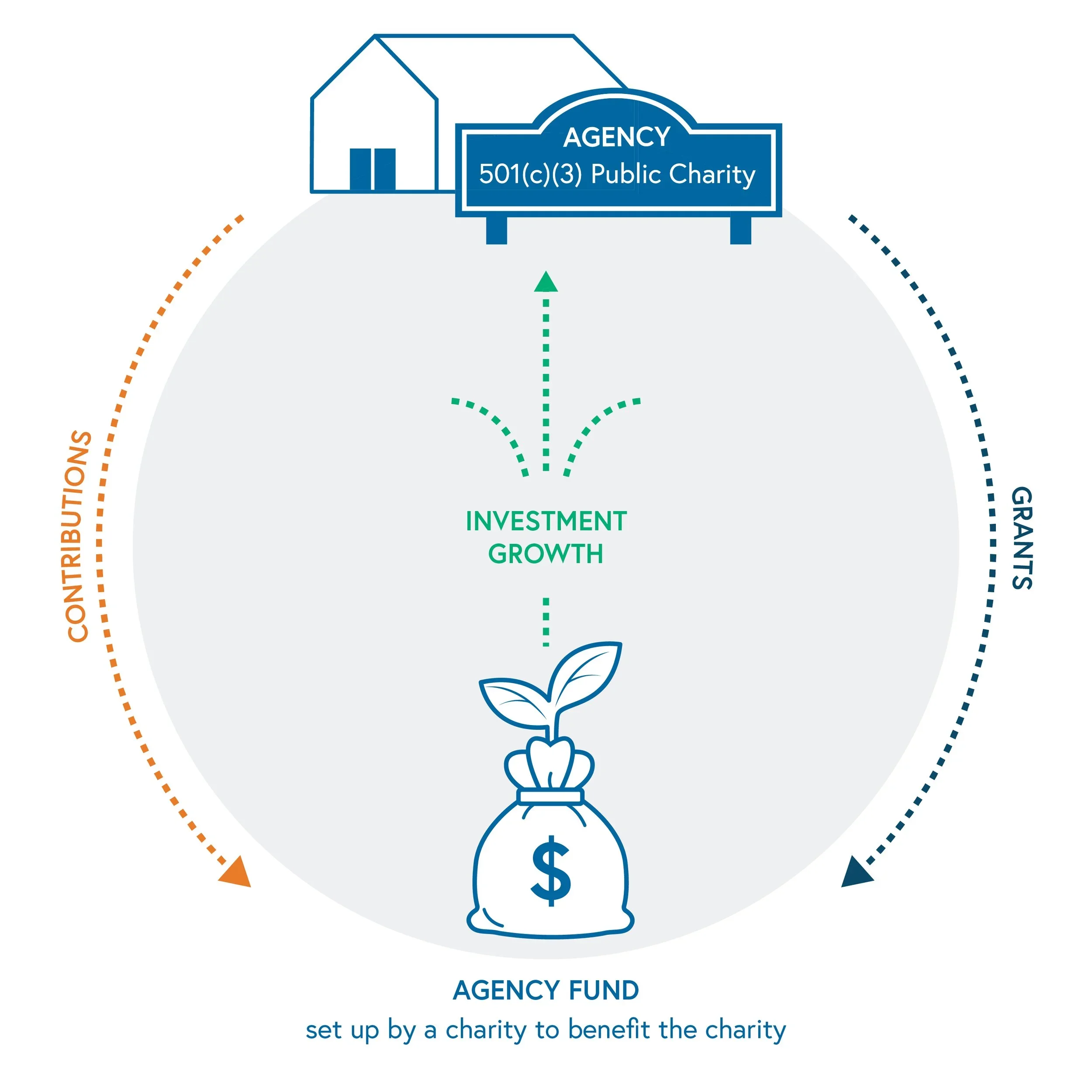 Diagram showing a charity setup with a house, a sign that reads 'AGENCY 501(c)(3) Public Charity', and a plant growing from a bag of money, illustrating investment in growth.