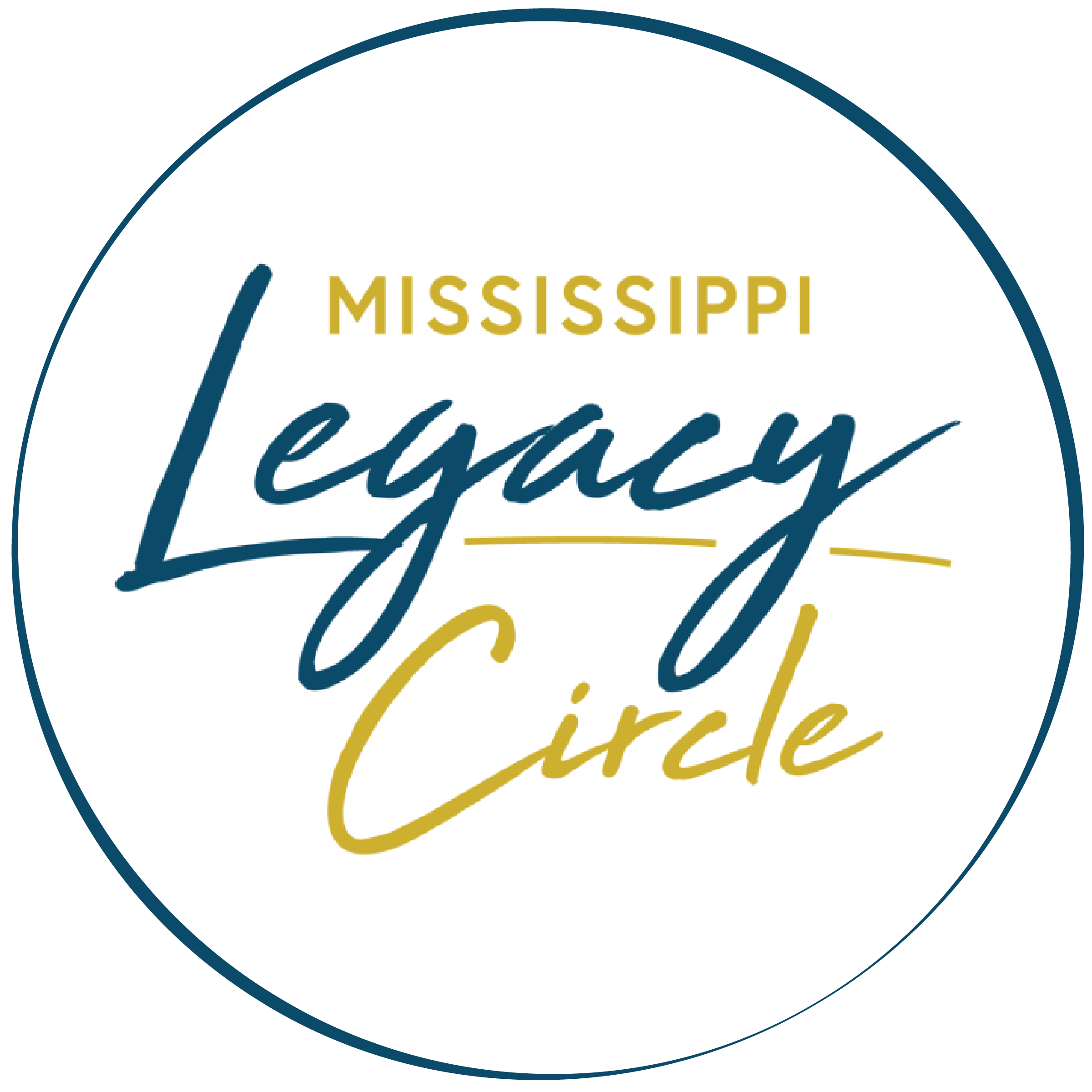 Close-up of a circular logo with the words 'Mississippi' in yellow font and 'Tennessee' in blue cursive, on a white background with a dark border.