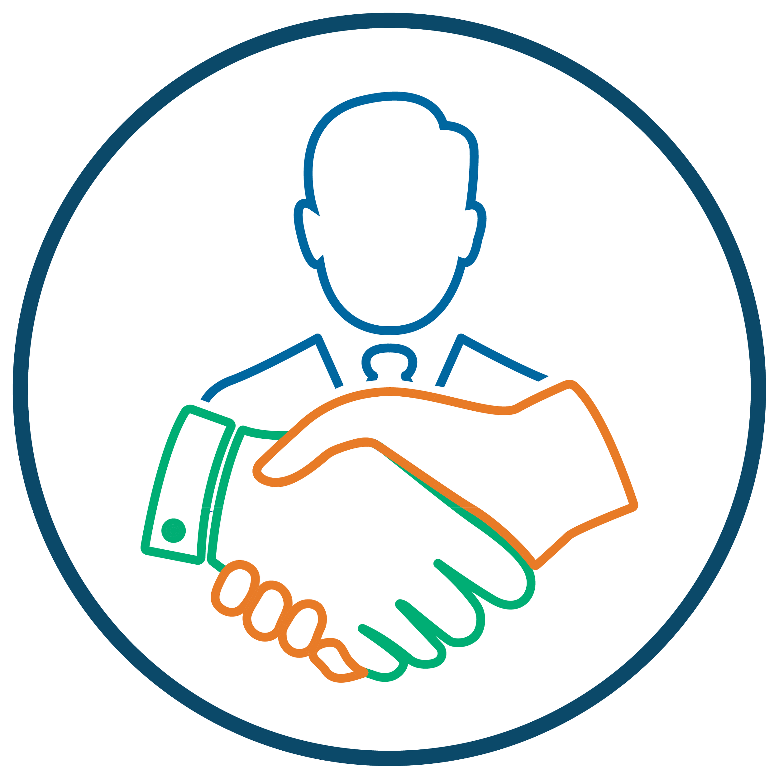 A graphic of a handshake with various colorful icons representing business and communication surrounding it.