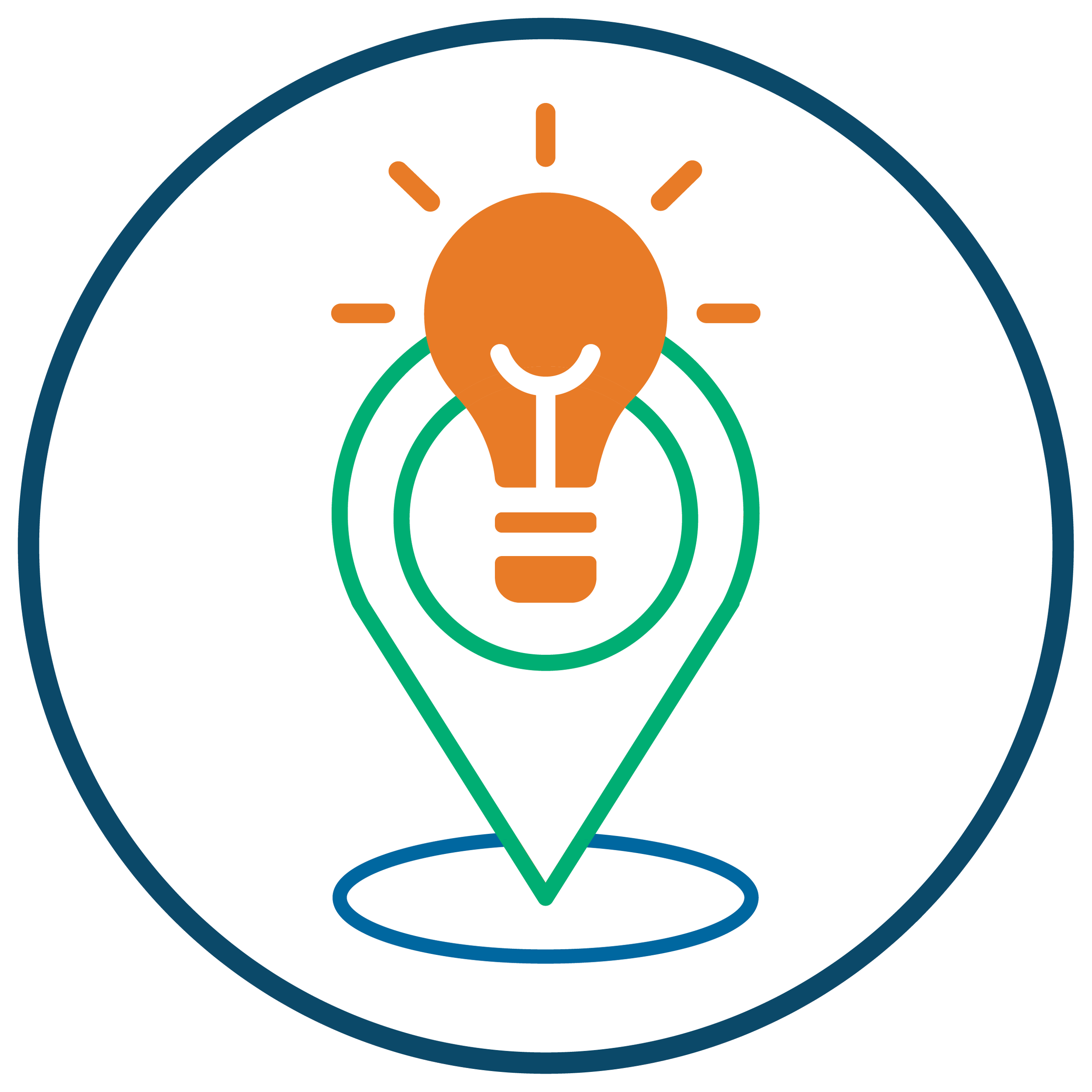 A stylized diagram of a spotlight with a smiling face, radiating orange rays of light, enclosed within concentric circles, with a green and blue outline.