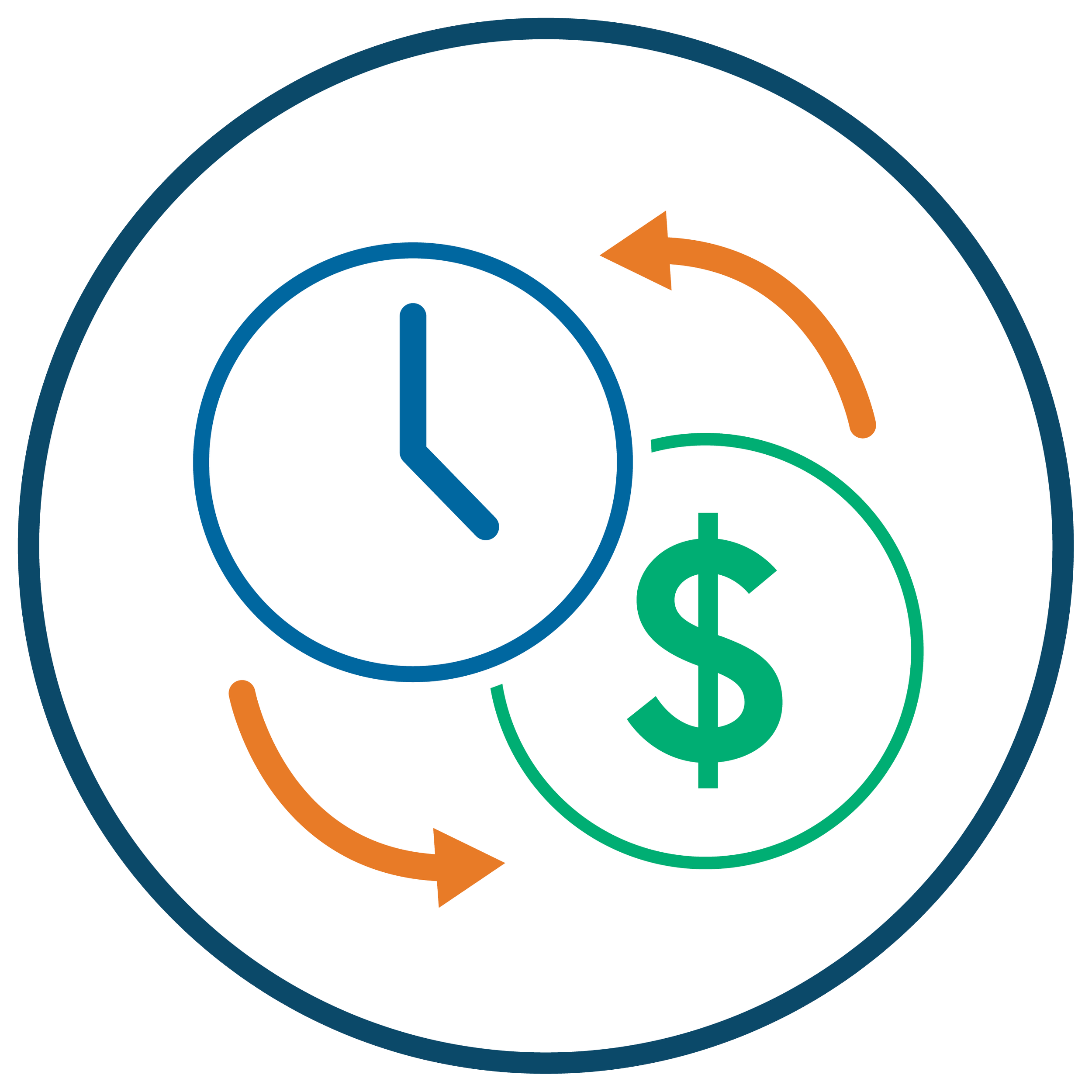Close-up of a circular infographic illustrating financial concepts with a clock, downward arrow, dollar sign, and circular arrows.