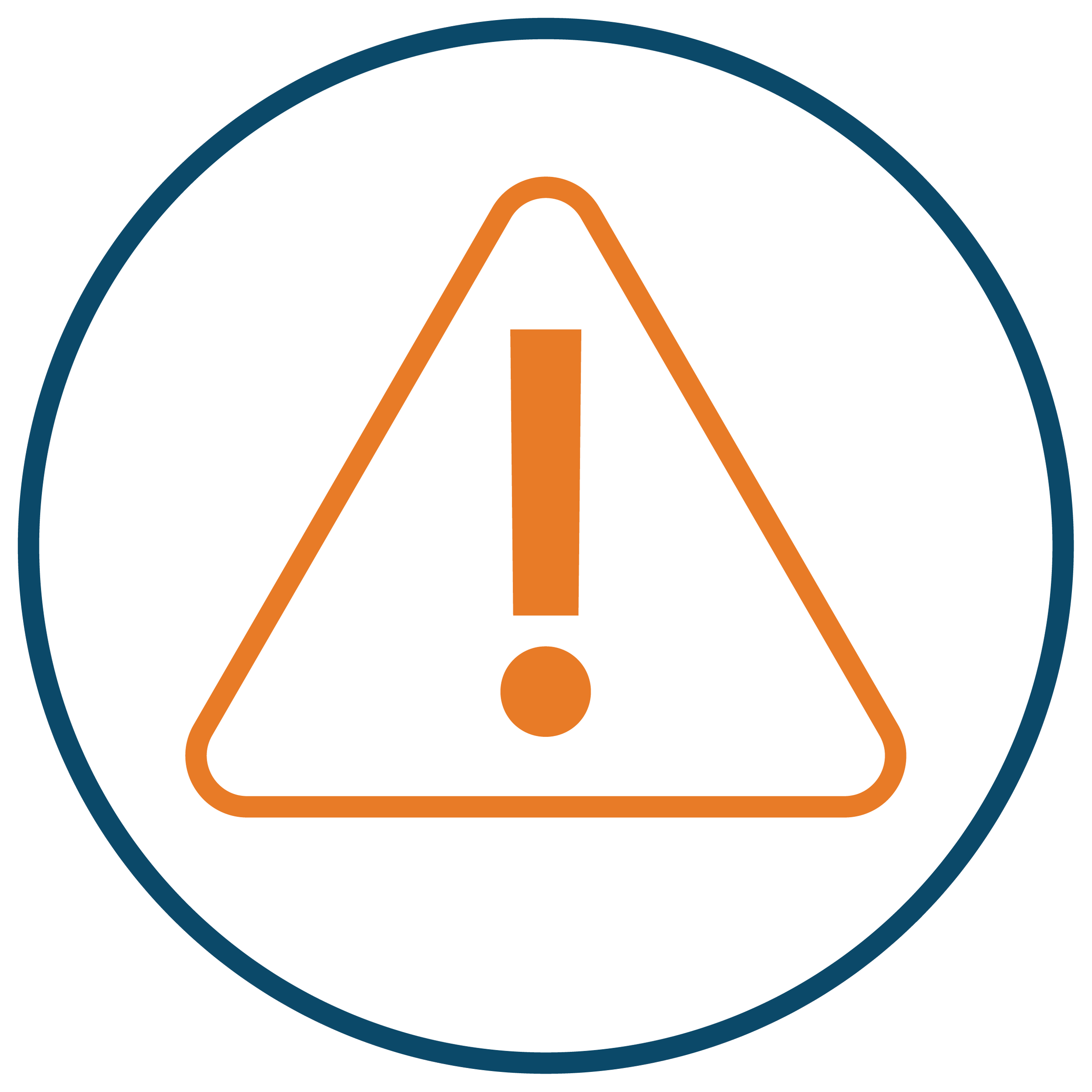 Close-up image of a warning or alert symbol with an exclamation mark inside a triangle, surrounded by a white circular background and a thick blue and orange border.