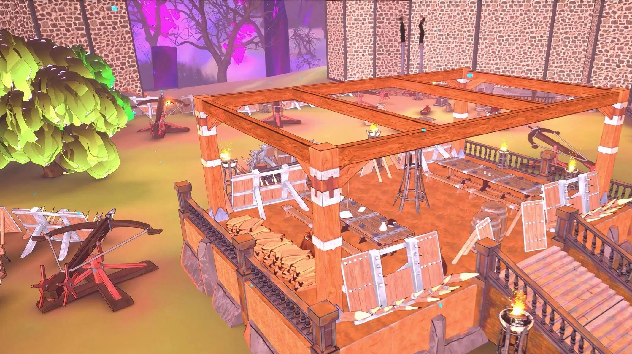 In a video game environment, a medieval castle under construction with wooden walls and scaffolding. Outside, there are trees, catapults, and torches on the ground.