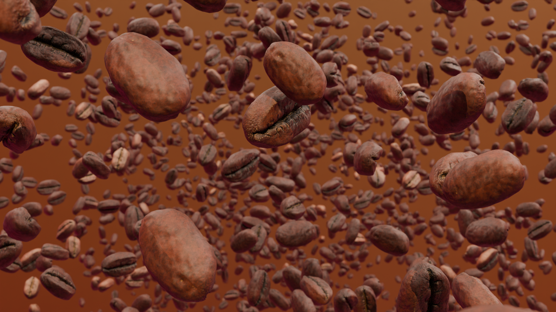 Coffee beans floating in midair against a brown background.