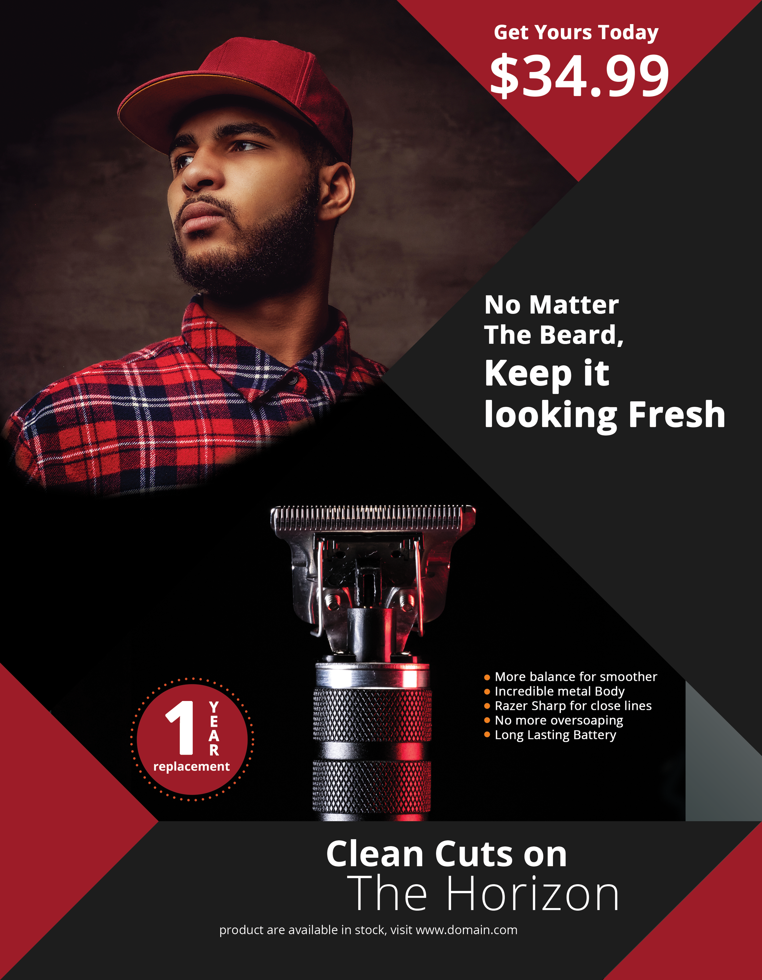 An advertisement featuring a young man with a beard, wearing a red cap and plaid shirt, holding an electric razor. The ad promotes a grooming product priced at $34.99, with benefits like smoother cuts and long-lasting battery, and offers a one-year replacement warranty.