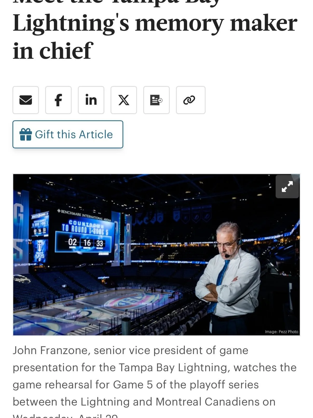 Yesterday&rsquo;s office: following John Franzone throughout the Benchmark International Arena as he and his team prepped entertainment for the Tampa Bay Lightning / Montr&eacute;al Canadiens #playoff game.
My goal was to observe, shoot on the fly an