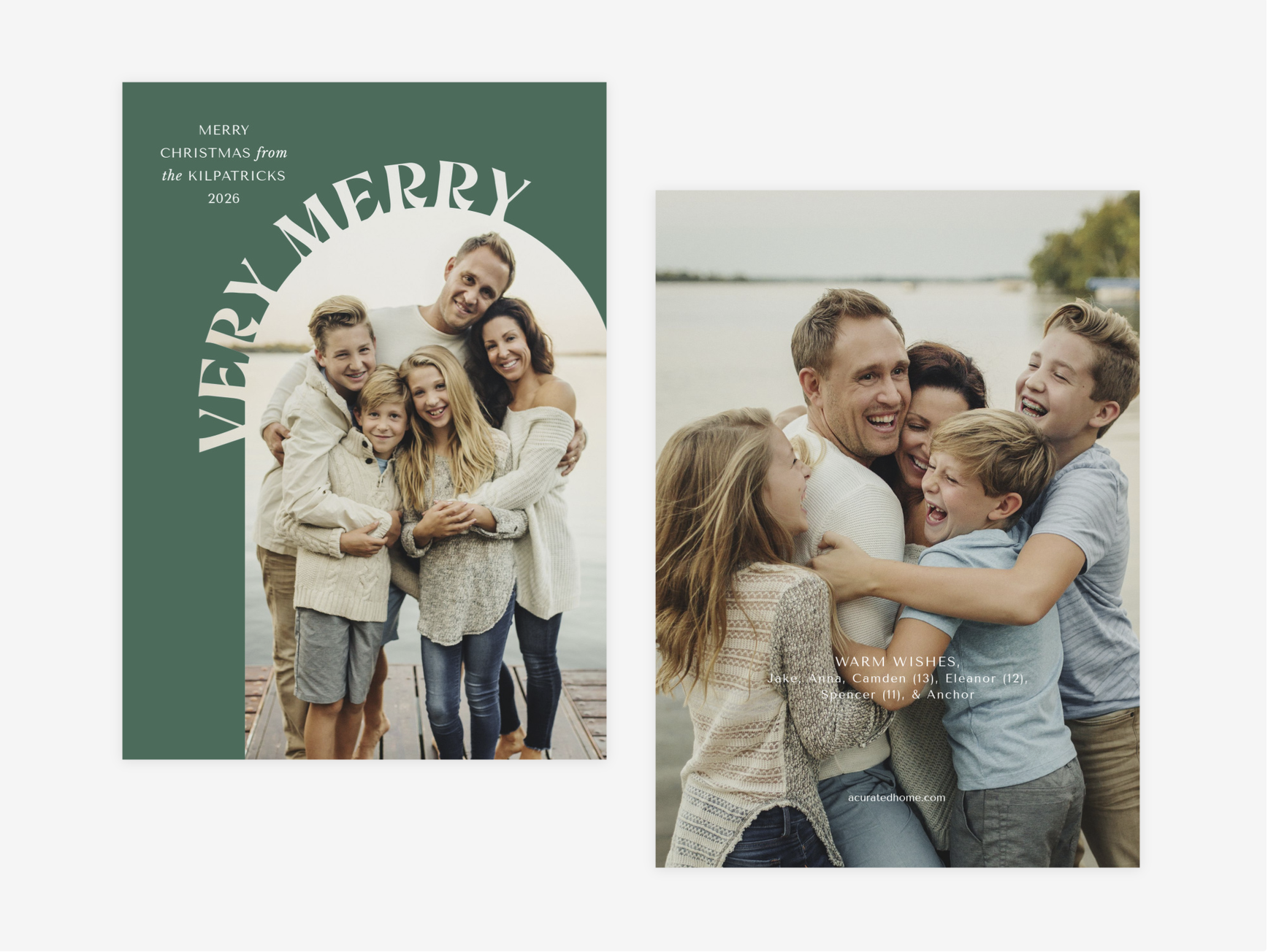 Front of card and inside of card designs with Very Merry  and a family photo on the front and a full bleed family photo on the inside of the card.