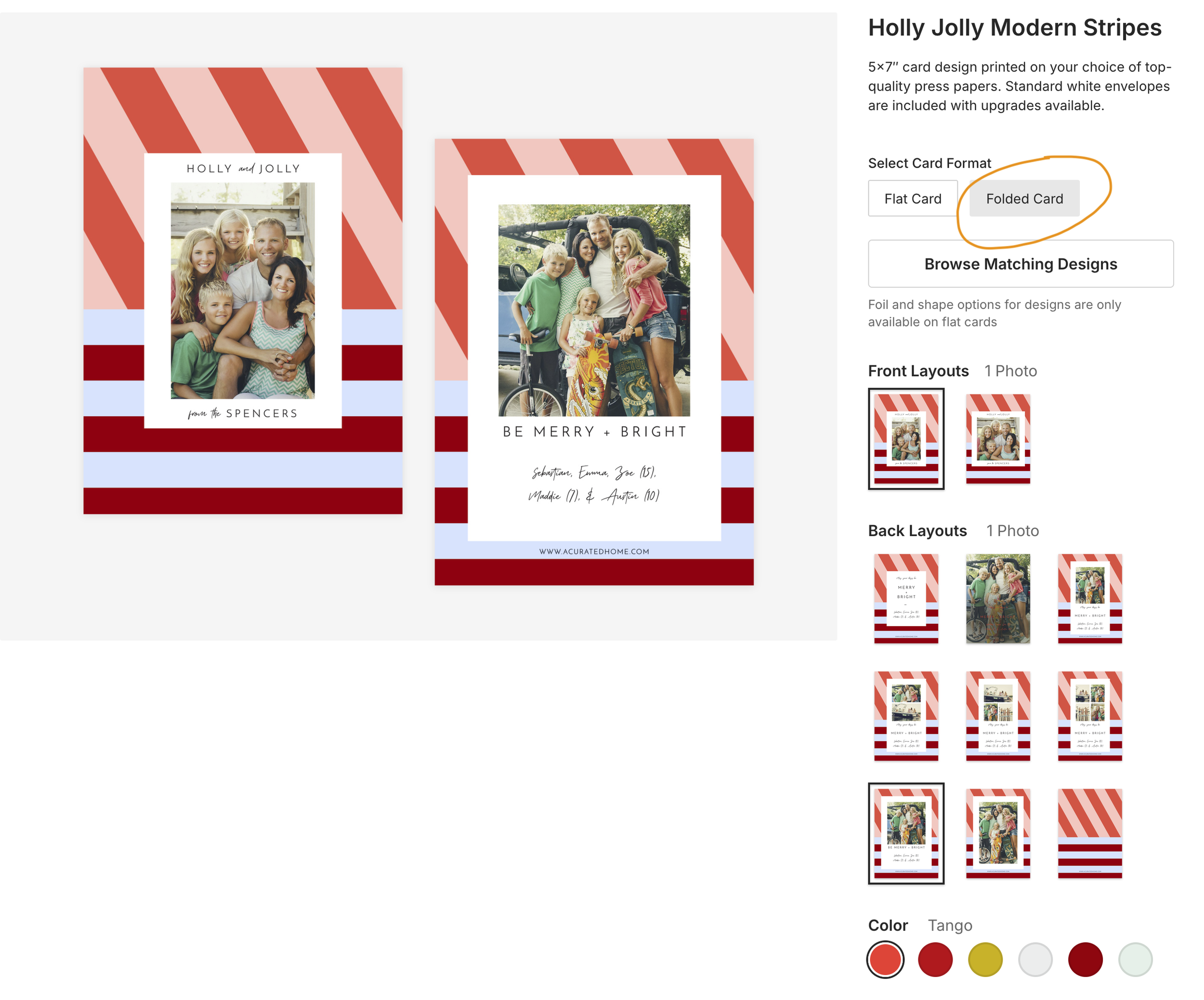Image shows the option window where one can find folded cards in addition to flat cards. A striped card design is shown on the left with a front and inside of card.