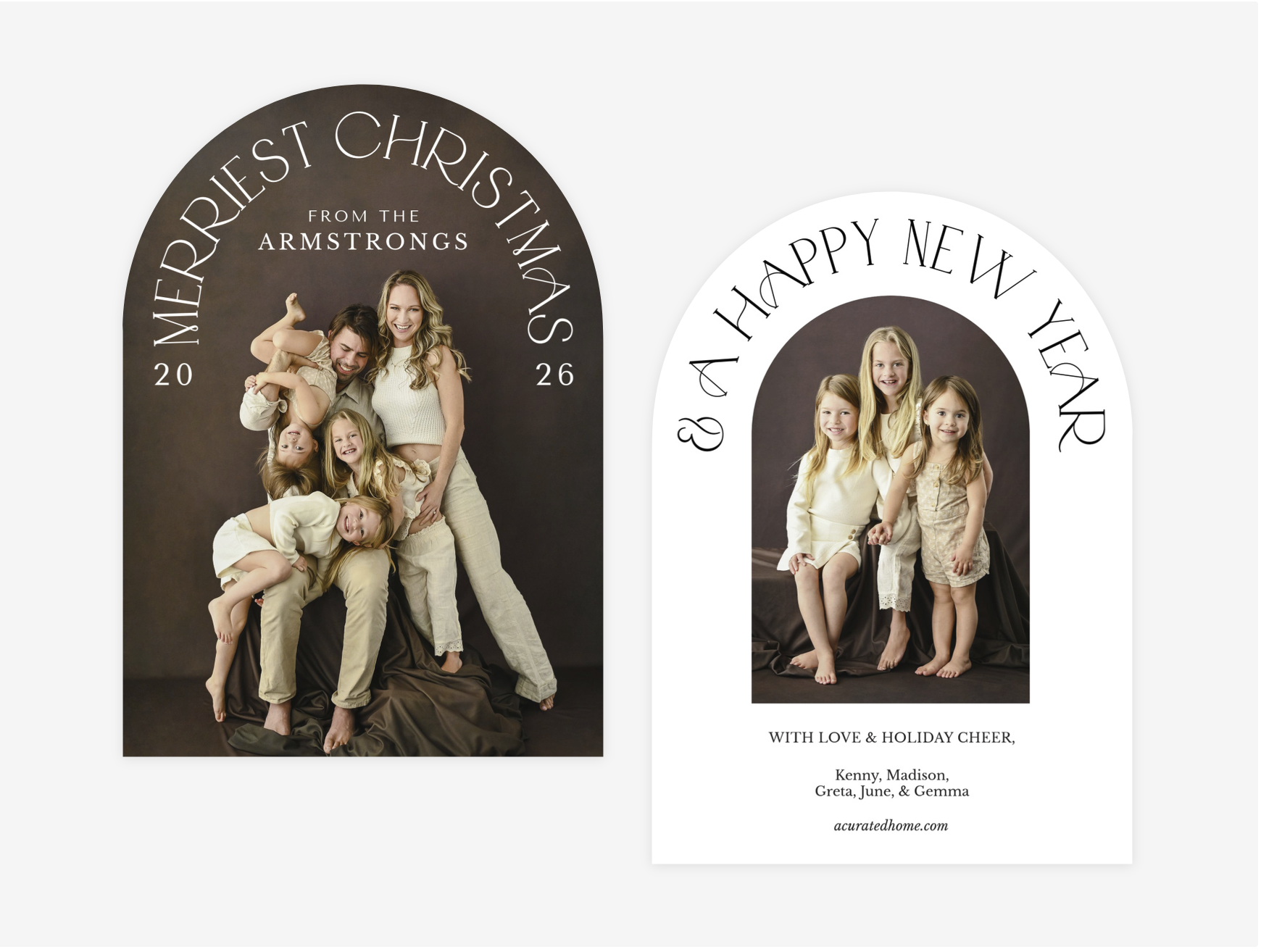 Two curved card mockups shown with a front design featuring a full bleed family photo and a second showing the back of a card with a smaller image of three kids and a holiday sentiment.