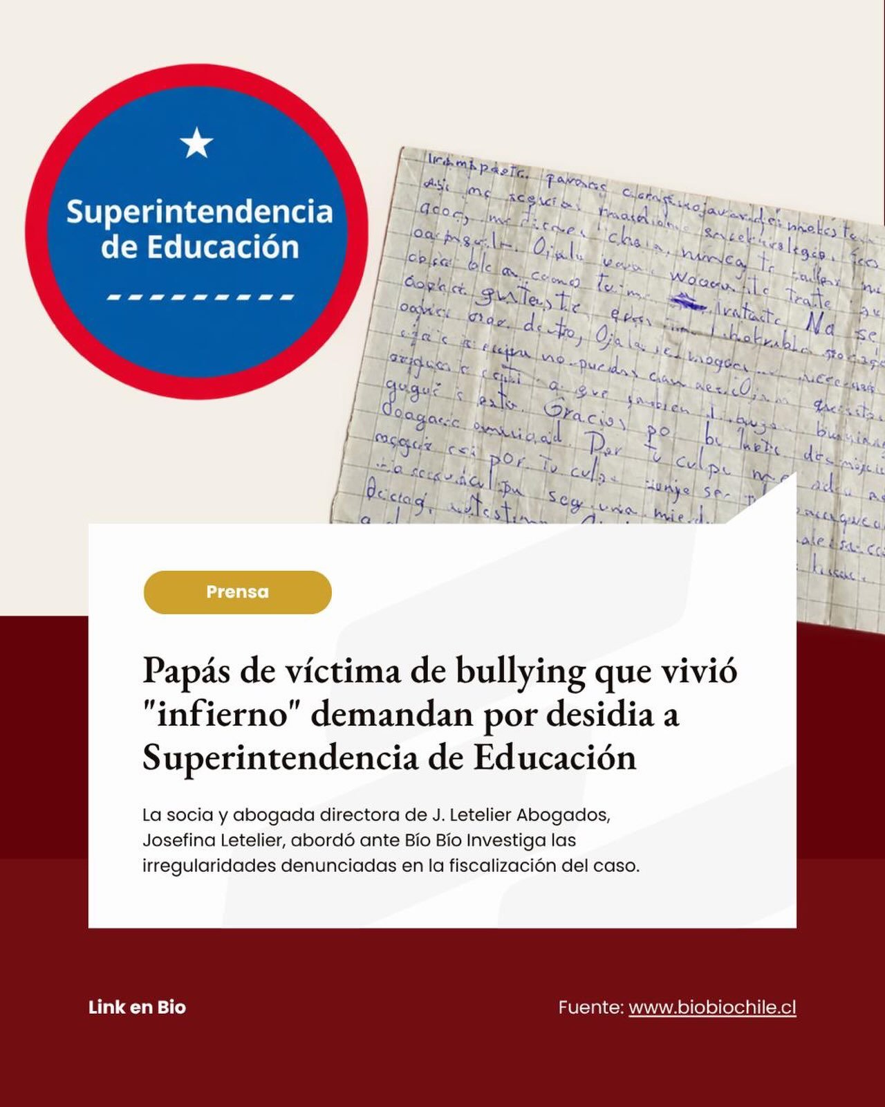 En la prensa | B&iacute;o B&iacute;o Investiga

Josefina Letelier, socia y abogada directora de nuestro estudio, abord&oacute; los antecedentes de la demanda presentada contra la Superintendencia de Educaci&oacute;n, a ra&iacute;z de las actuaciones 