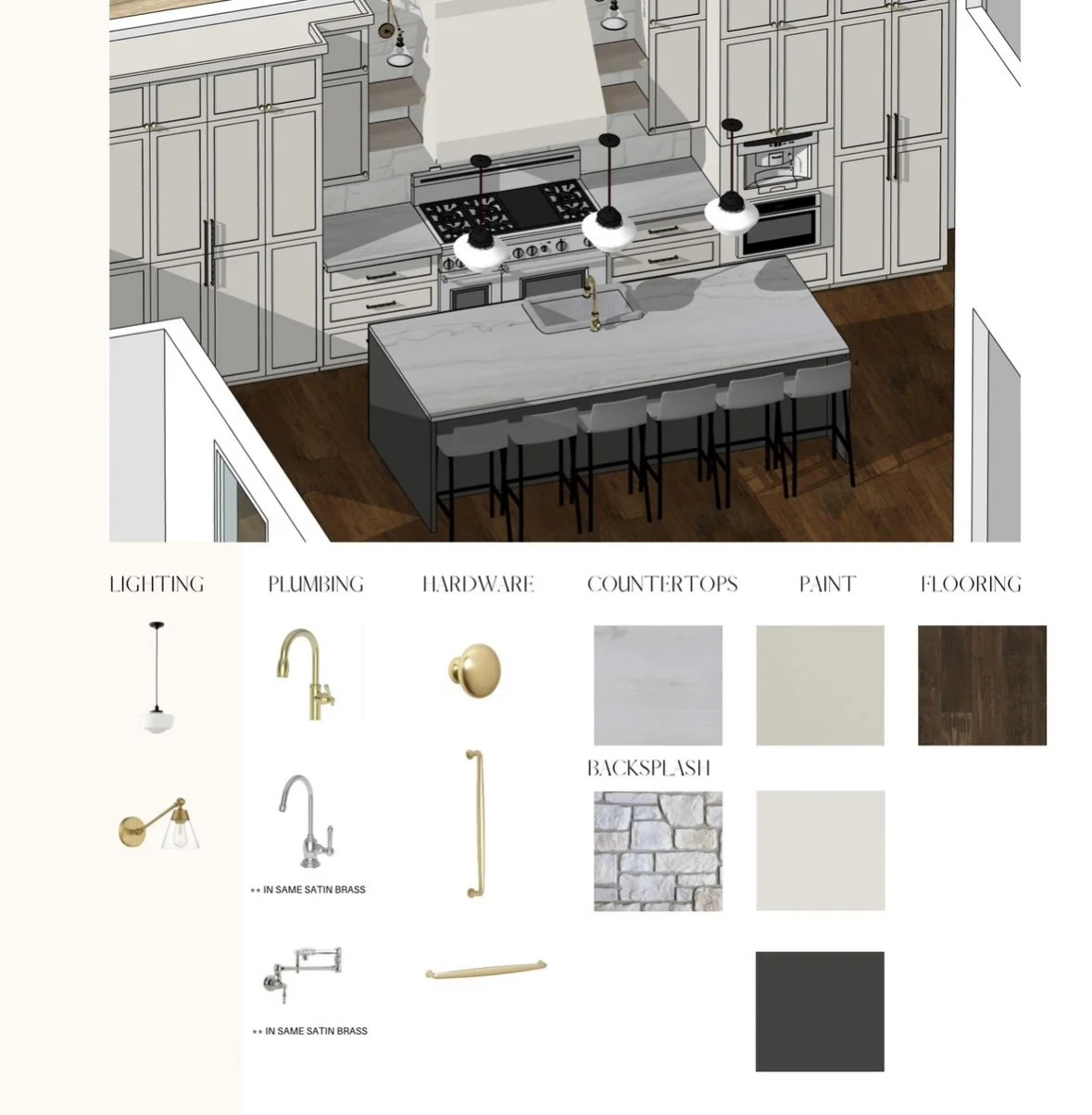Selections list with brass hardware and faux stone back splash by Opal & Oak