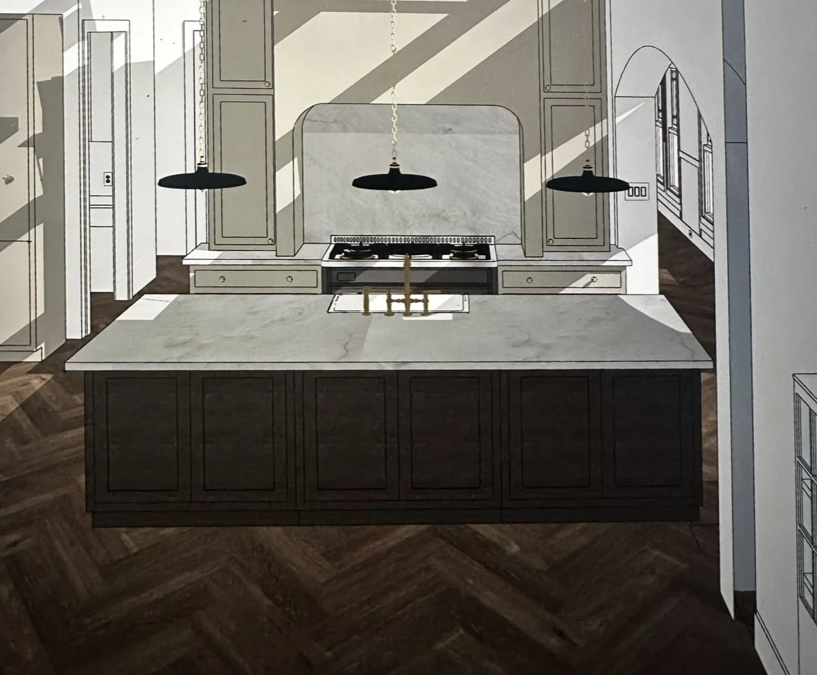 Remodel Kitchen Rendering with herringbone flooring and custom cabinetry by Opal & Oak