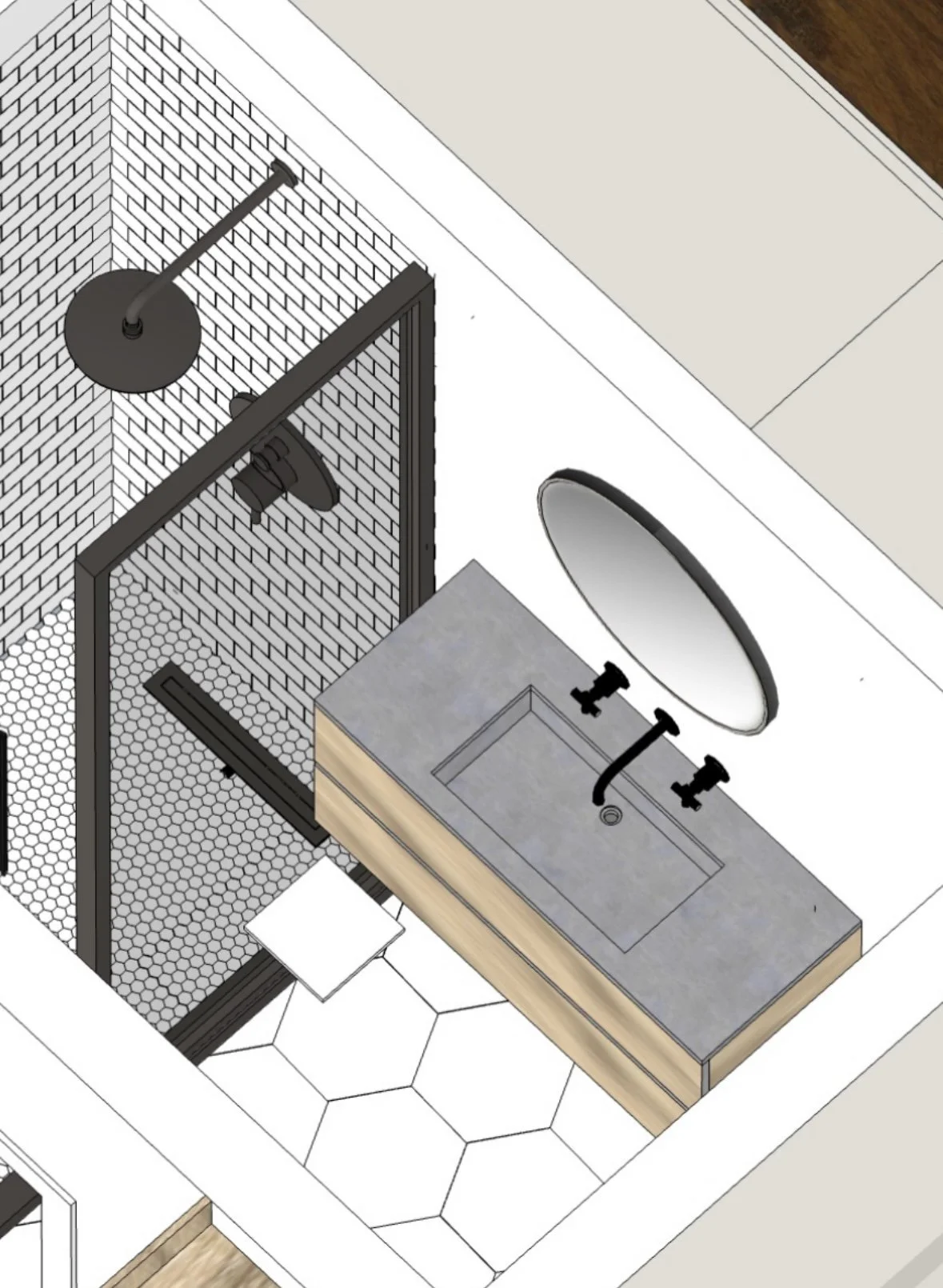 modern bathroom rendering with circle mirror and hexagon tile floating vanity by Opal & Oak Van Alstyne Texas