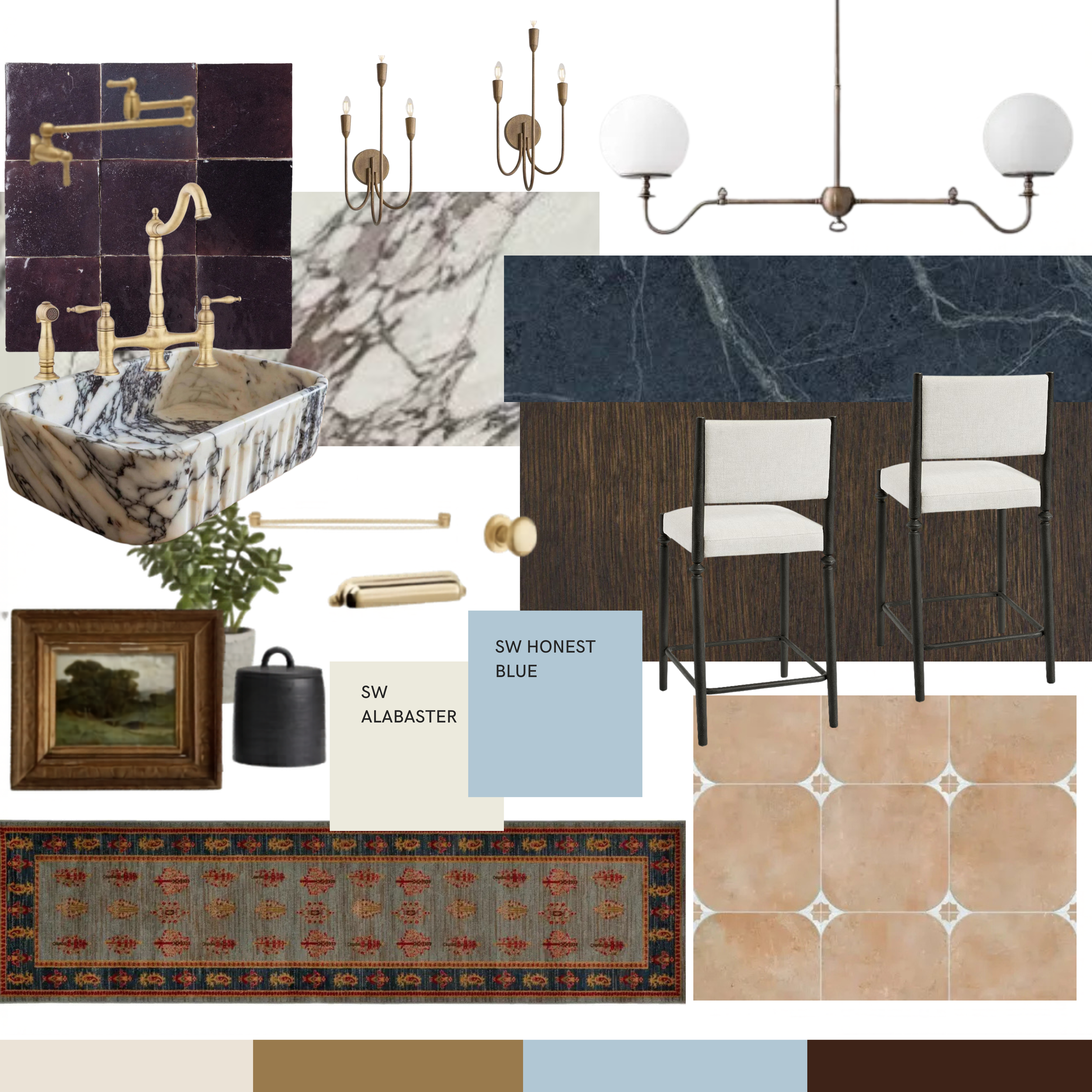 Mood Board for custom kitchen with calacutta viola countertops and sink zellige back splash tile and terracotta flooring by Opal & Oak