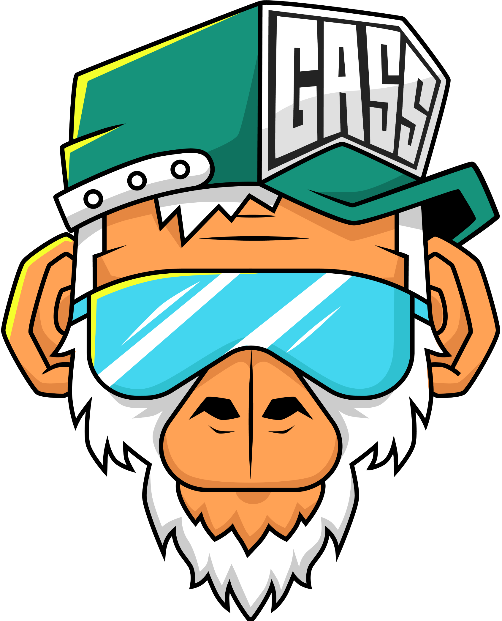 A cartoon-style illustration of a lion with a superhero theme. The lion's head has a metallic helmet with the word 'GASSY' on it, a light blue reflective visor, and an orange mane with white accents. The background is black.