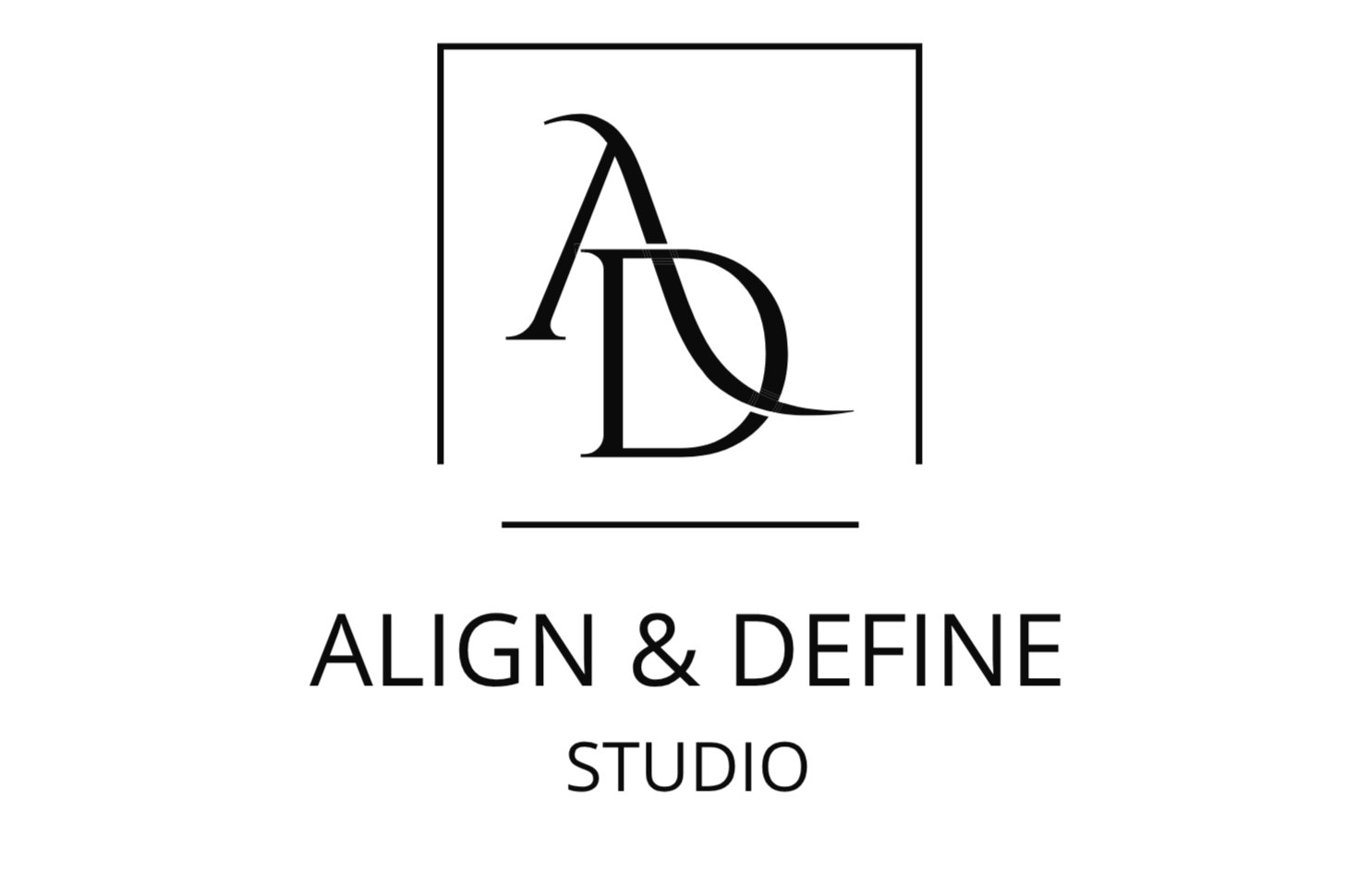Logo with stylized initials 'A' and 'D' inside a square, above the text 'Align & Define Studio'.