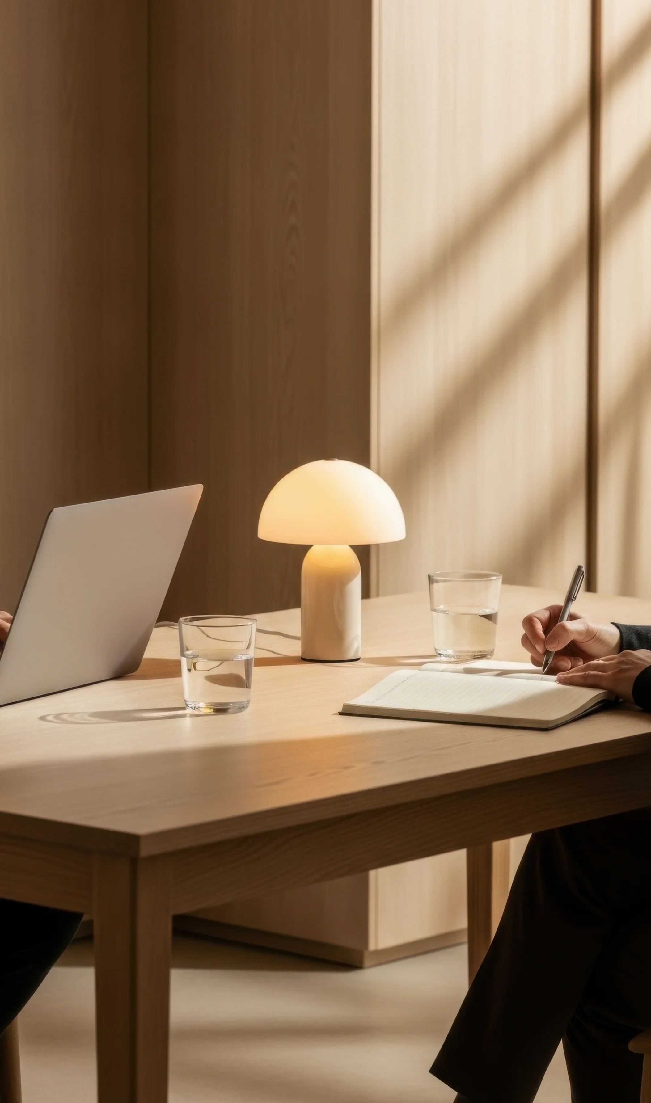 A minimalist wooden desk with a modern lamp, two glasses of water, a laptop, and a person writing in a notebook.