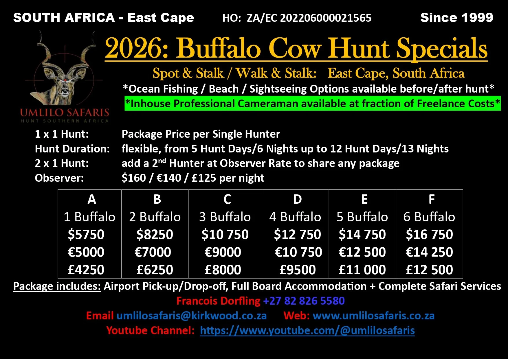 Advertisement for buffalo cow hunts in South Africa's East Cape, offering packages for single or multiple hunters, including accommodation and safari services, with contact details and pricing in USD, EUR, and GBP.