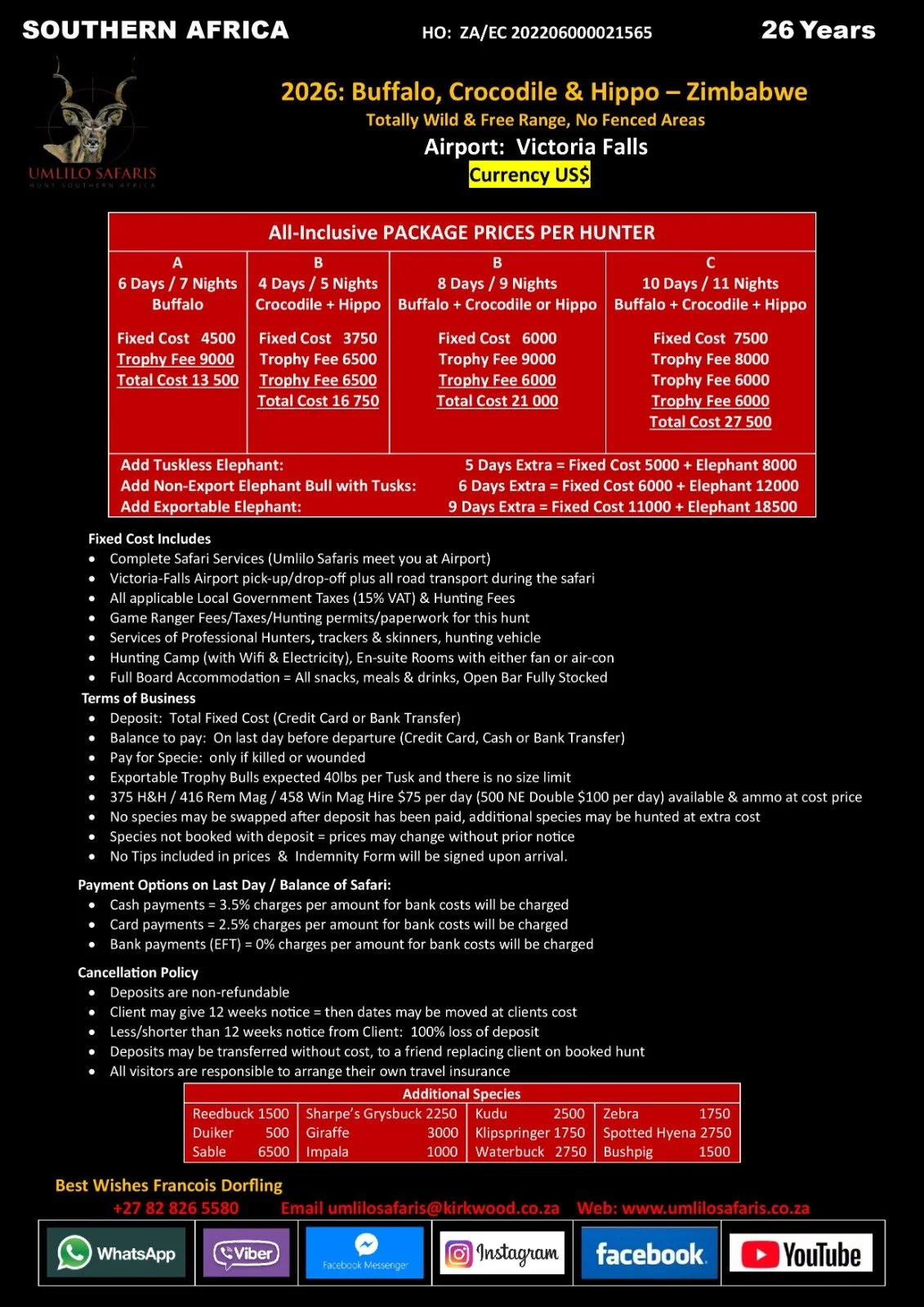 Safari hunting package flyer for Southern Africa, Zimbabwe, from Umlilo Safaris. Details about different hunting packages for buffalo, crocodile, and hippo over various durations, with costs, fees, and additional species available for hunting. Contact details for booking included.