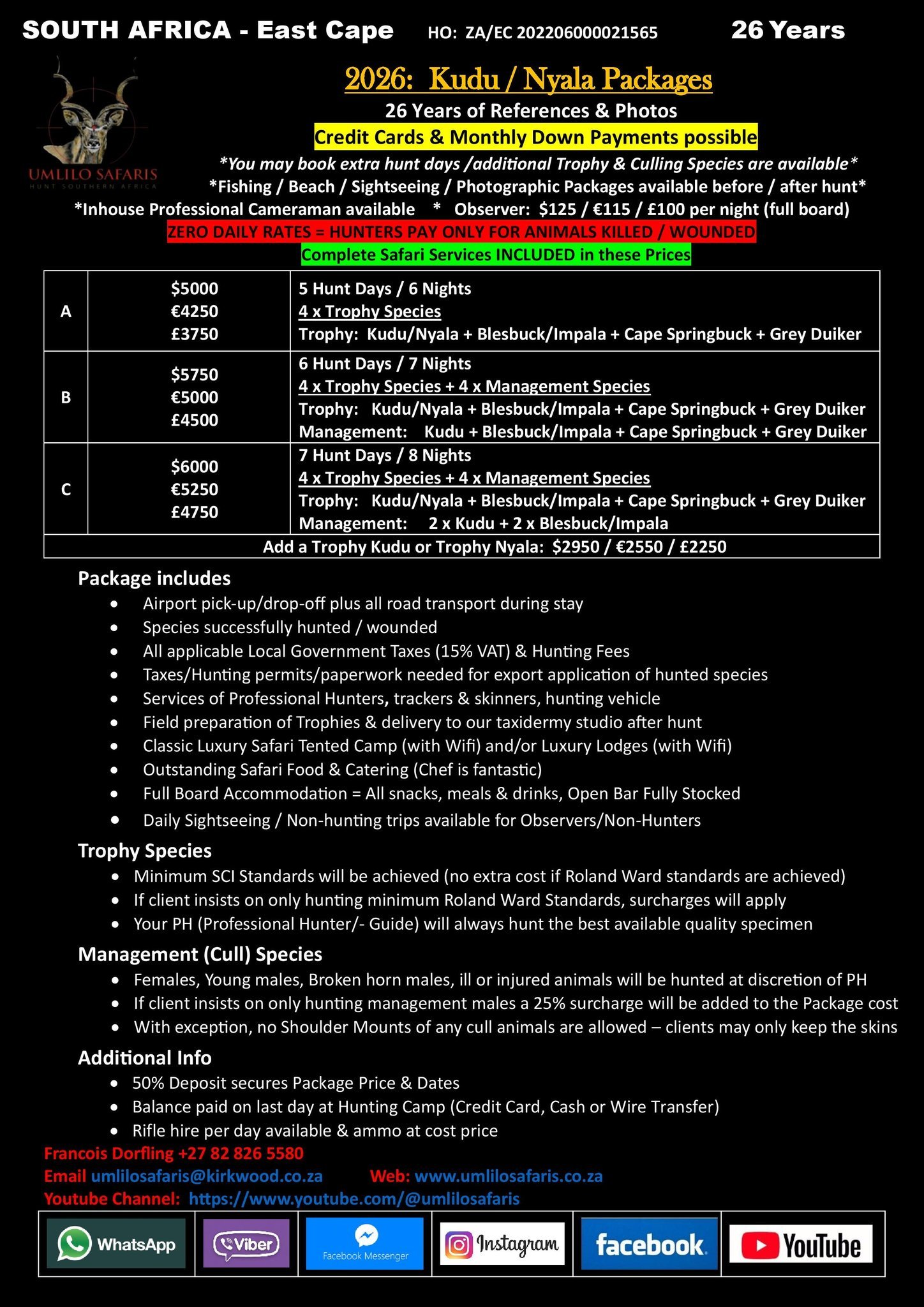 A detailed safari package advertisement from Umlilo Safaris in South Africa's East Cape. Lists different hunting packages (A, B, C) with prices, durations, and trophy species. Describes included services, trophy species, management species, additional info, and contact details.