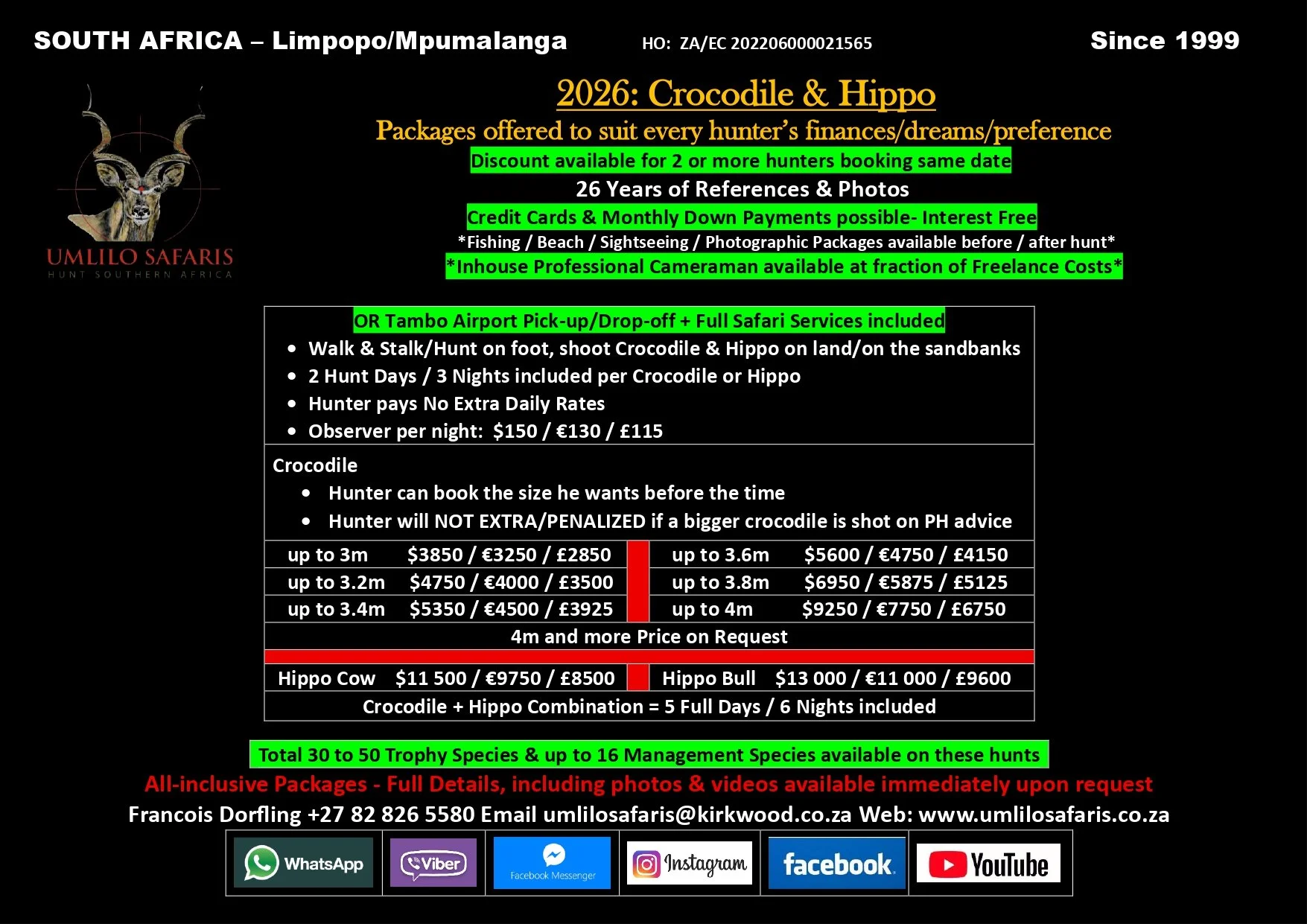 Safari hunting packages in Limpopo, South Africa, offered by Umlilo Safaris, including crocodile and hippo hunts with details on pricing, booking, and additional services.